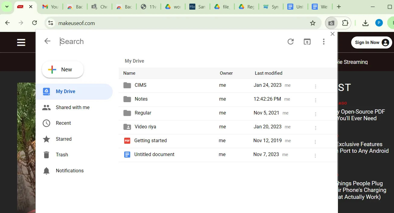 Tiện ích Checker Plus hiển thị giao diện Google Drive trong trình duyệt