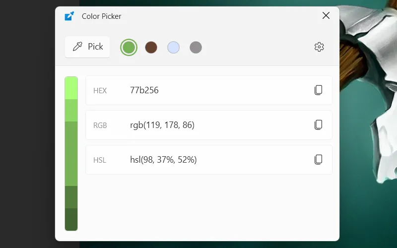 Tiện ích Color Picker của PowerToys trên Windows hiển thị giao diện lấy mã màu với kính lúp và các định dạng màu khác nhau.