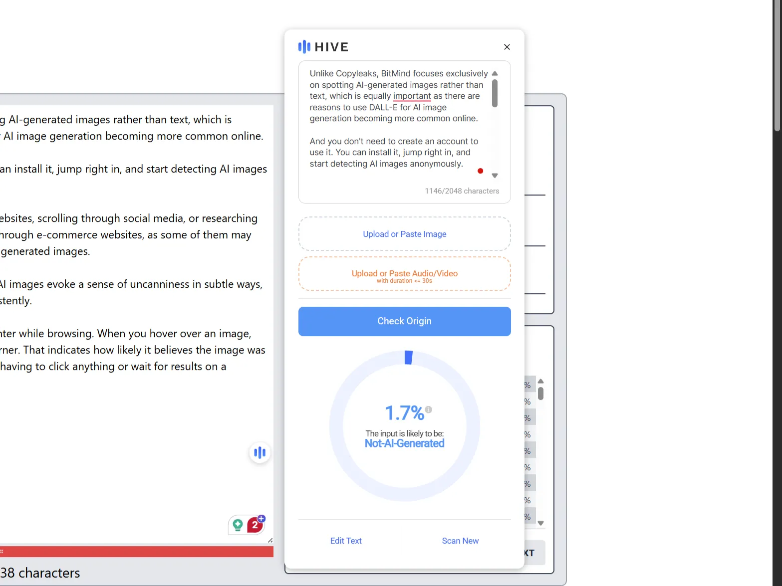 Tiện ích Hive AI Detector trên Chrome xác nhận nội dung được viết bởi người trong thanh bên.