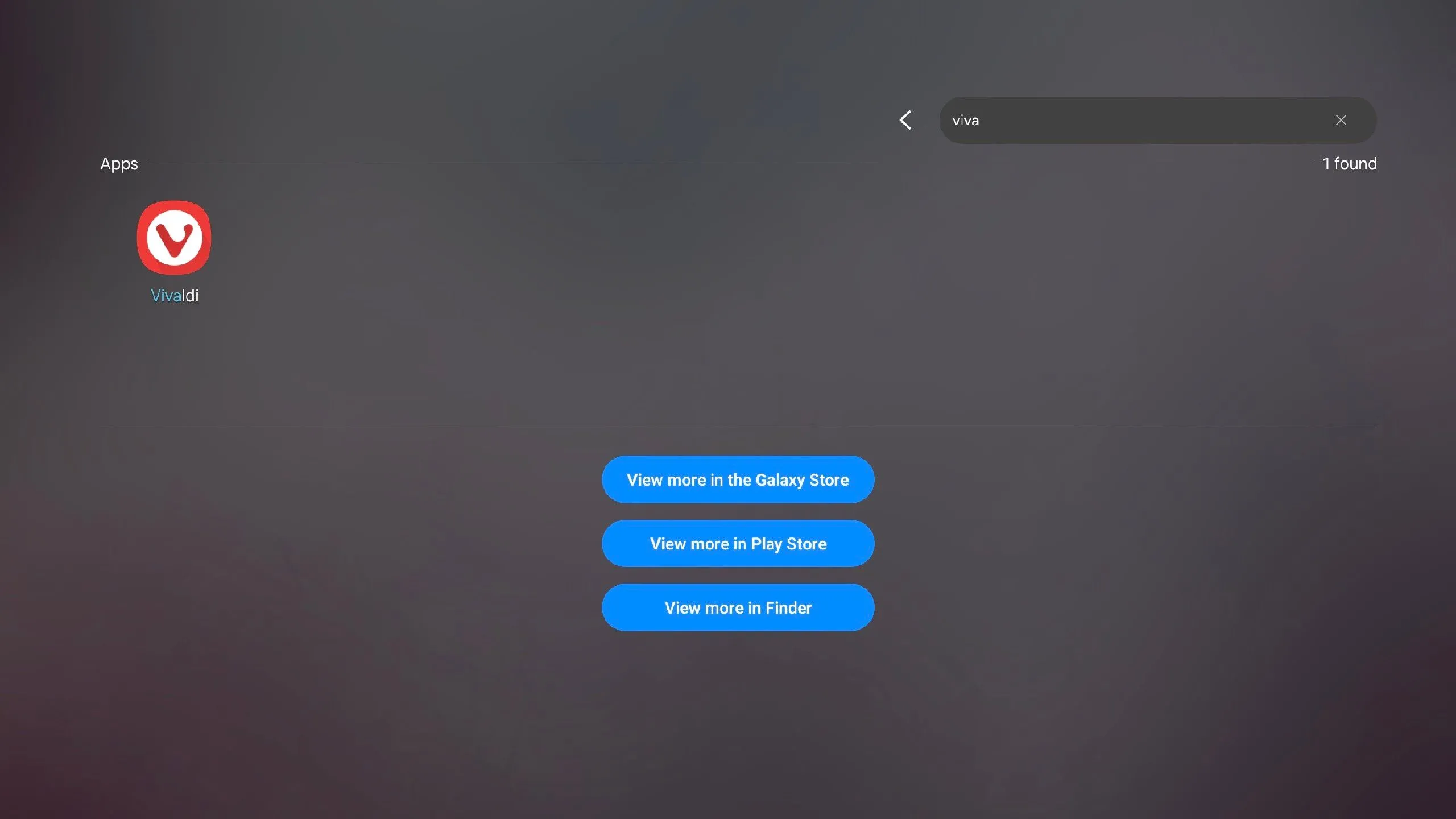 Tìm kiếm ứng dụng Vivaldi bằng phím tắt trên Samsung DeX, thể hiện cách mở ứng dụng có chủ đích.