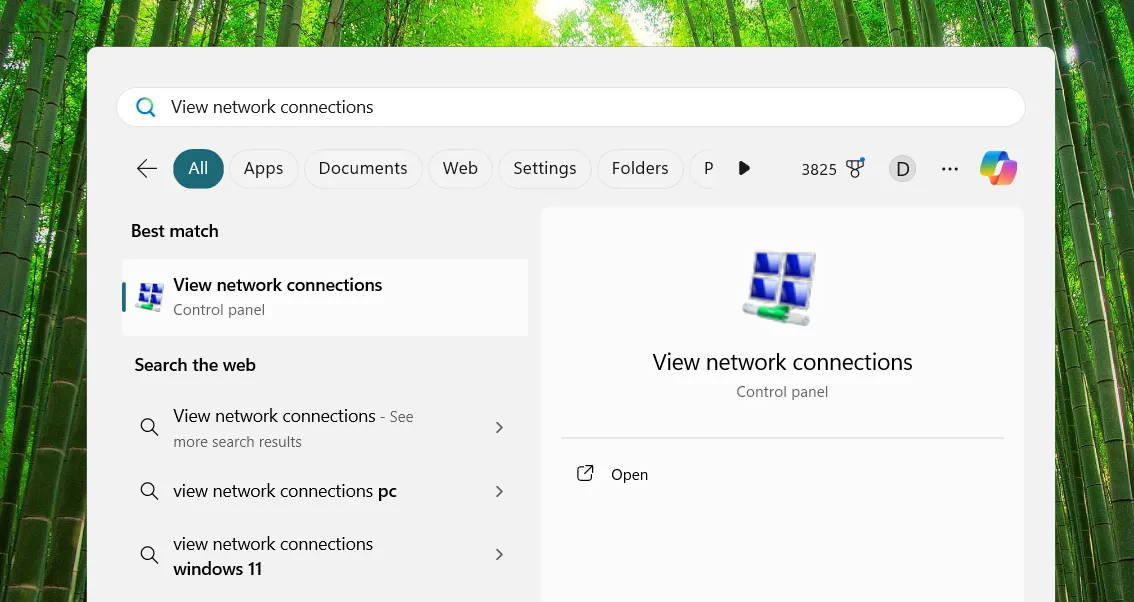 Tìm kiếm và mở Network Connections từ menu Start trên Windows