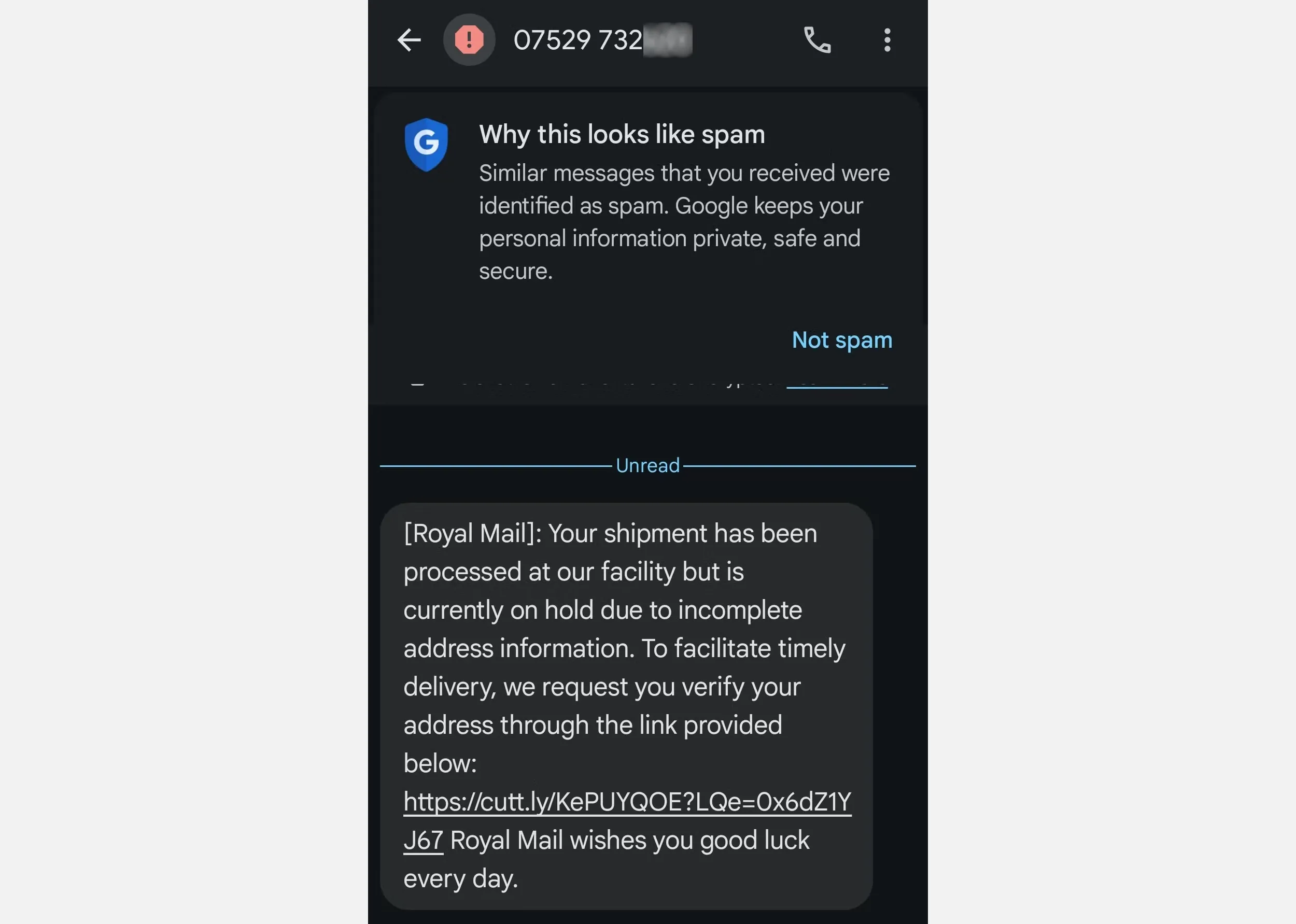 Tin nhắn lừa đảo Smishing giả mạo dịch vụ giao hàng Royal Mail trên điện thoại