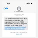 Tin nhắn lừa đảo SMS phạt đỗ xe giả mạo từ San Francisco