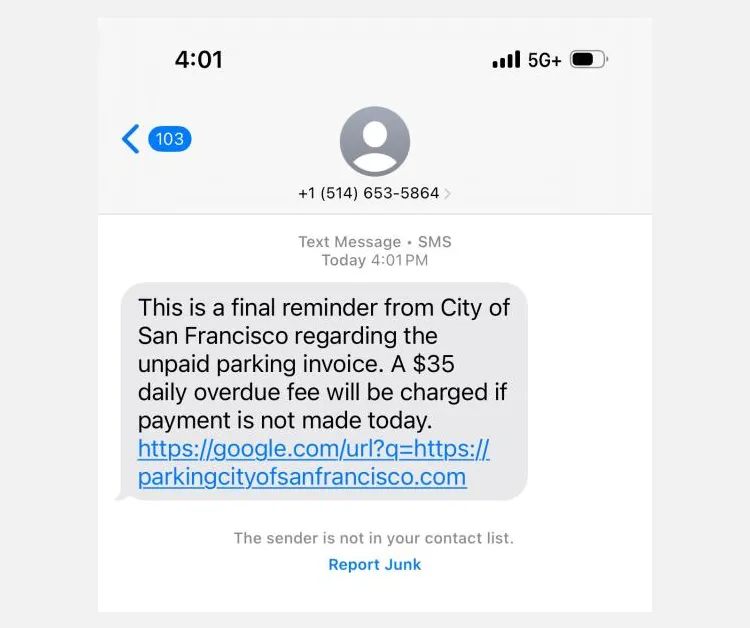 Tin nhắn lừa đảo SMS phạt đỗ xe giả mạo từ San Francisco