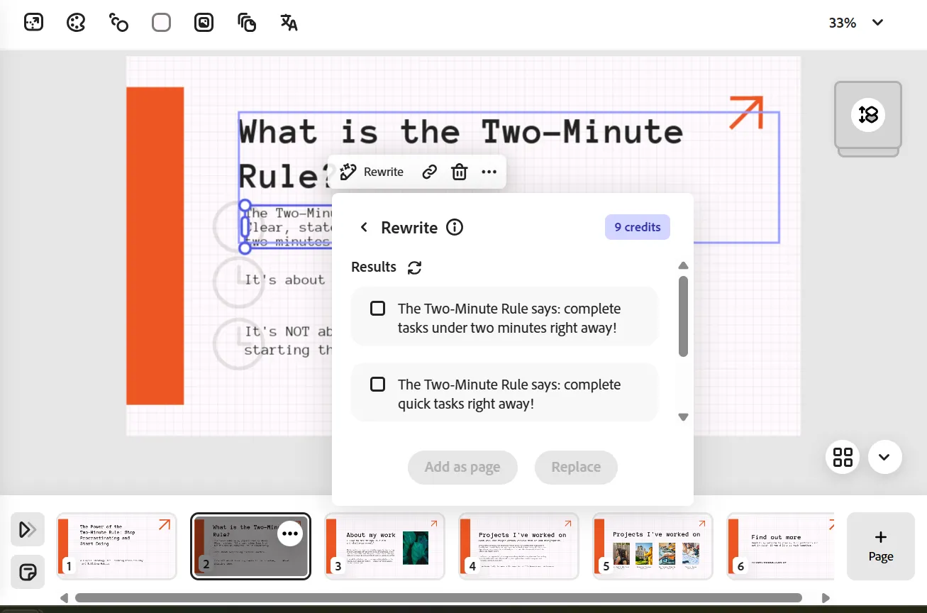 Tính năng AI của Adobe Express gợi ý viết lại văn bản để tối ưu nội dung slide