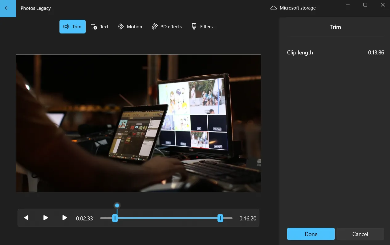 Tính năng cắt video (Trim) trong trình chỉnh sửa Photos Legacy