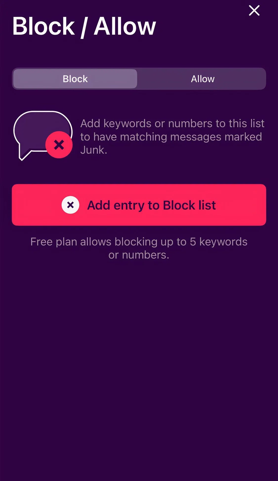 Tính năng cho phép hoặc chặn tin nhắn trong ứng dụng TextKiller để kiểm soát Smishing