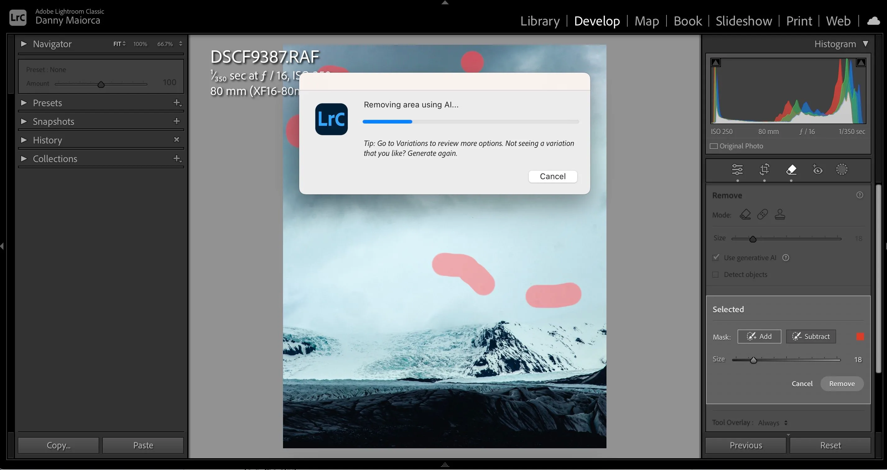 Tính năng Generative AI Spot Removal trong Adobe Lightroom tự động xóa các vật thể không mong muốn.