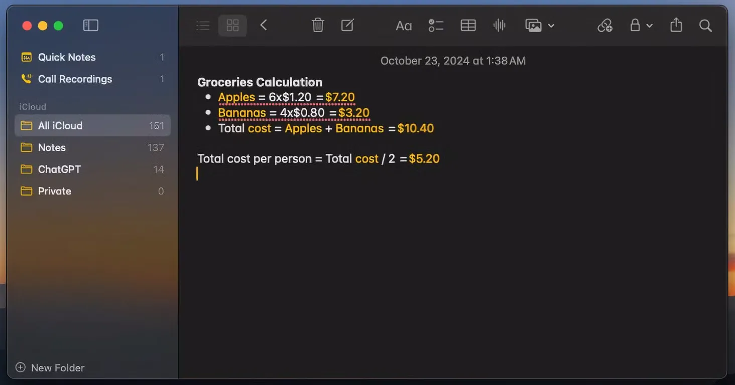 Tính năng giải toán trực tiếp được trình diễn trong ứng dụng Ghi chú trên macOS Sequoia