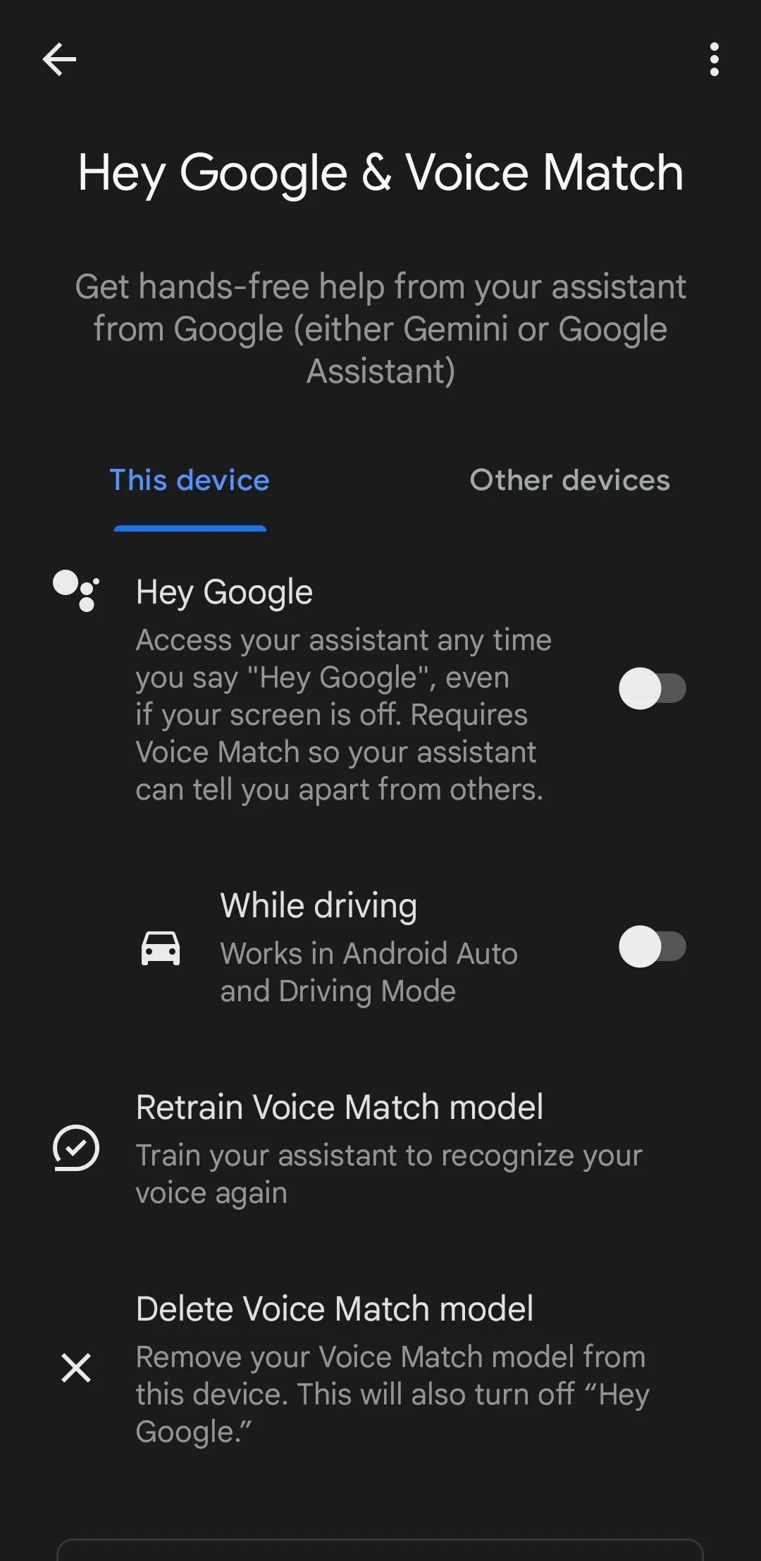 Tính năng Hey Google bị tắt trong cài đặt Android