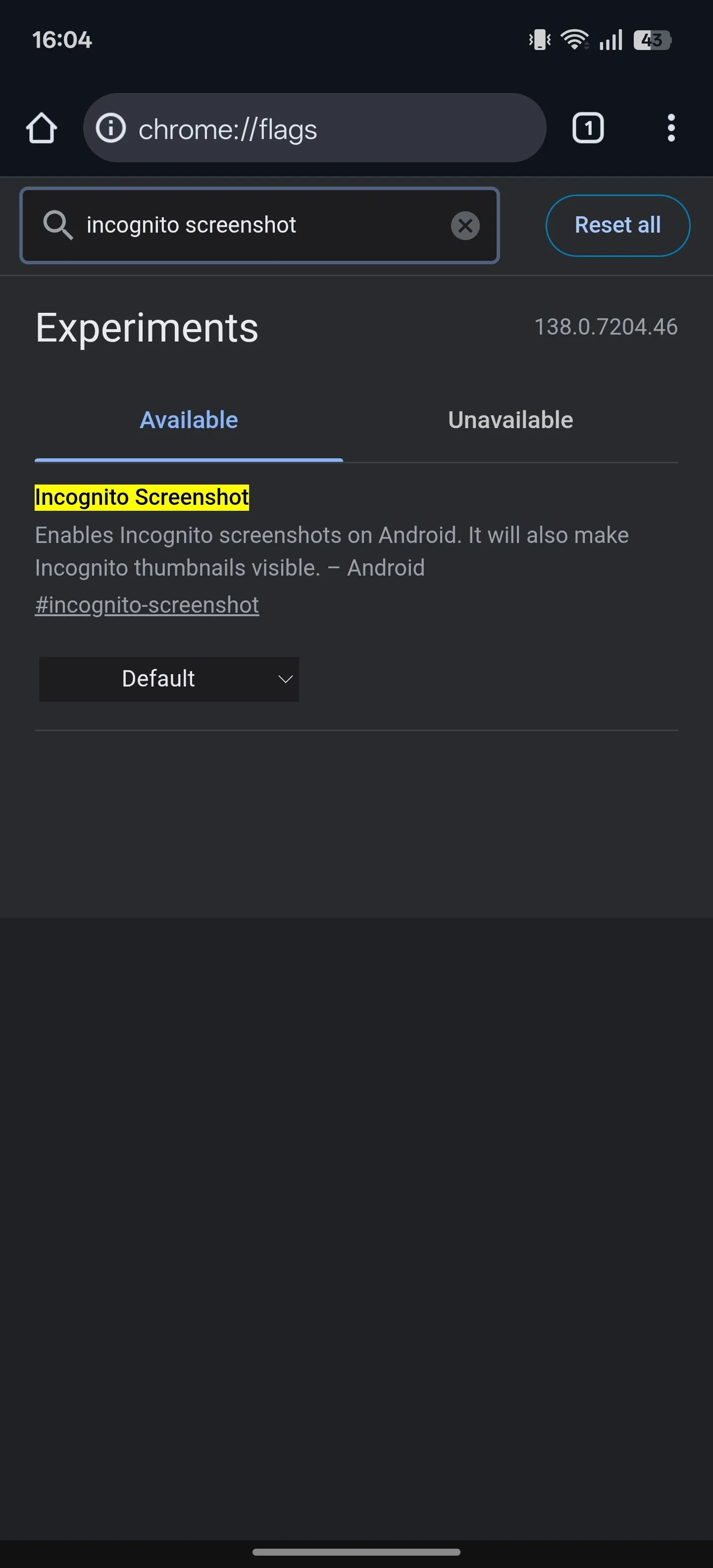 Tính năng Incognito Screenshot flag trên trang Chrome Flags, cho phép chụp ảnh màn hình chế độ ẩn danh.