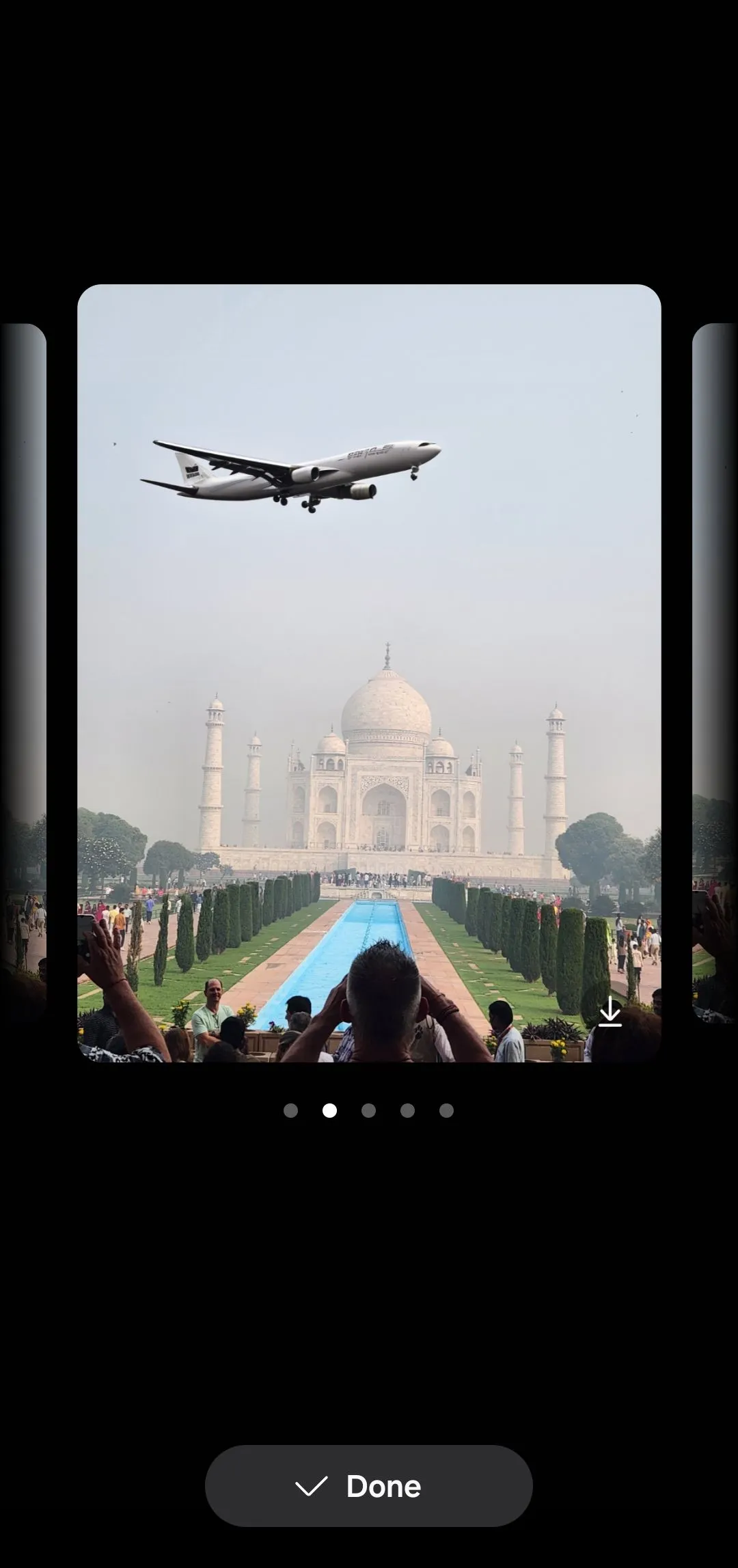 Tính năng Phác thảo thành ảnh (Sketch to Image) của Galaxy AI biến hình vẽ thành máy bay trên đền Taj Mahal