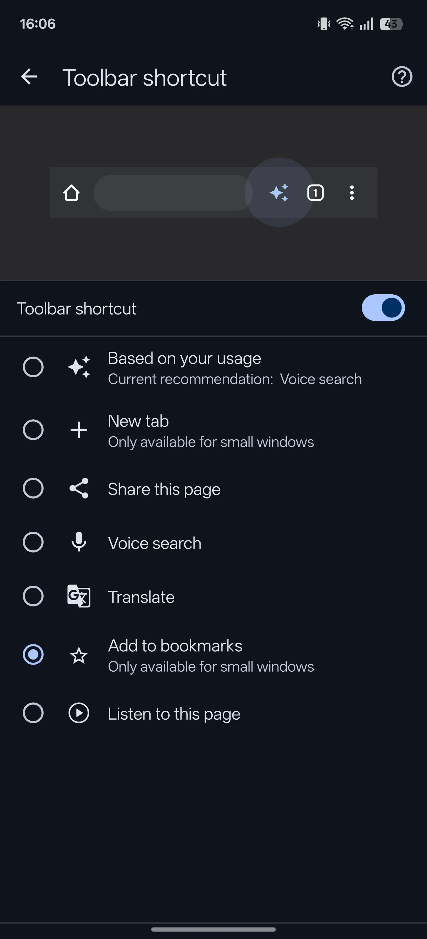Tính năng phím tắt thanh công cụ Chrome Android đã được bật, cho phép thêm nhanh vào dấu trang.