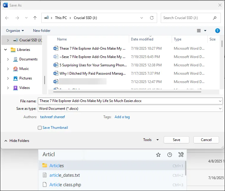 Tính năng Quick Switch của Listary giúp chuyển thư mục nhanh chóng trong hộp thoại Save As của Microsoft Word