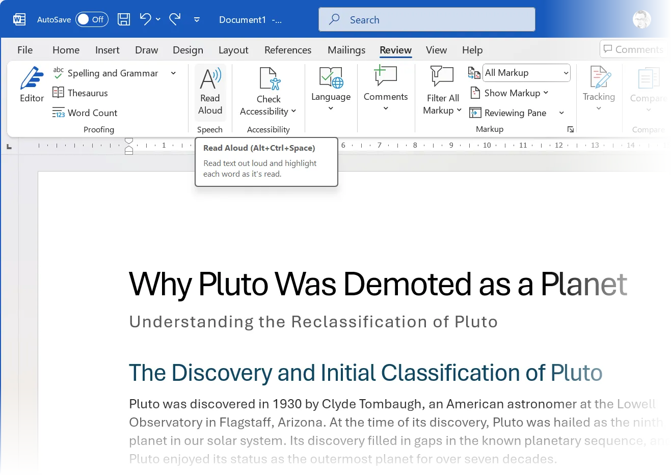 Tính năng Read Aloud trong Microsoft Word giúp đọc to văn bản để kiểm tra và lấp khoảng trống ý tưởng