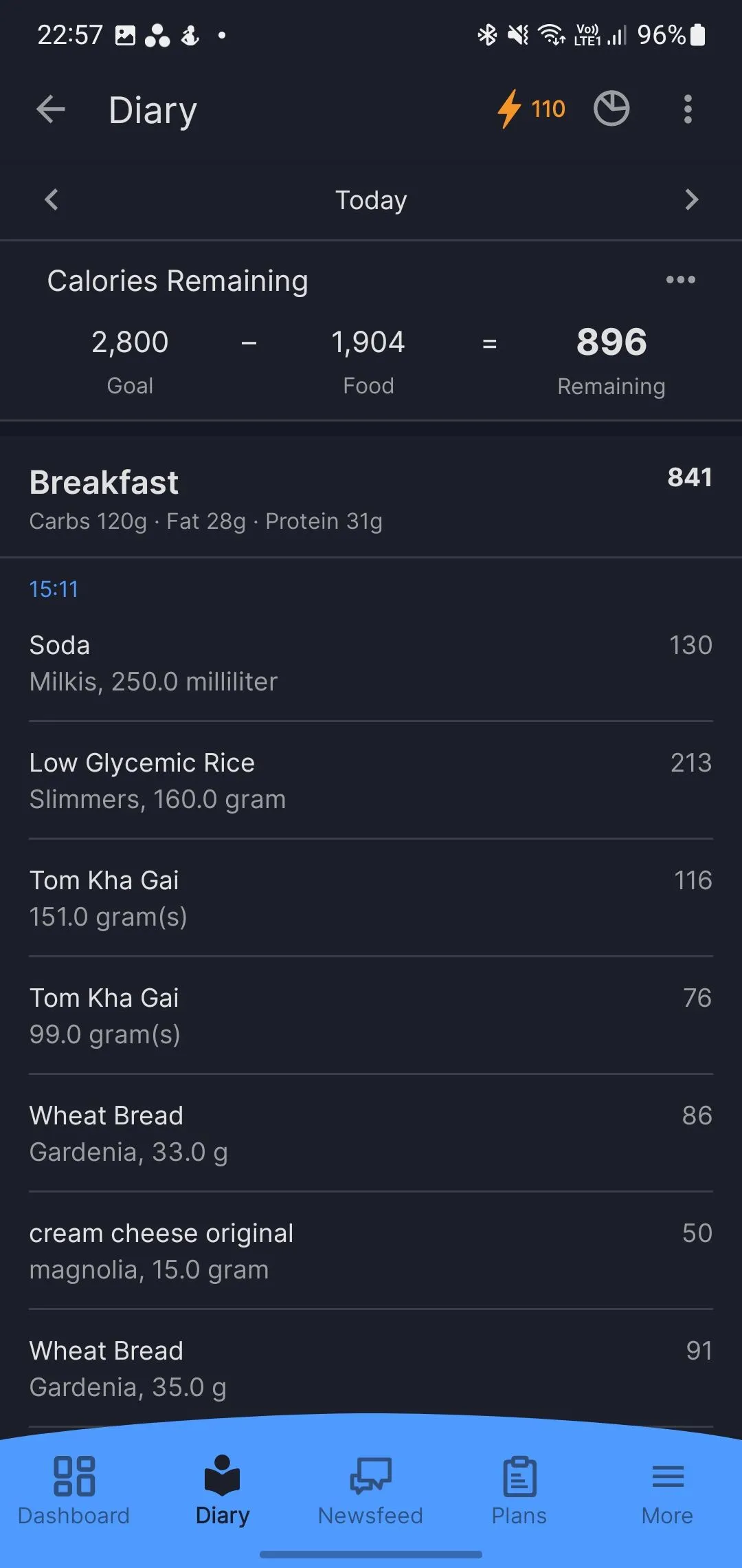 Tính năng theo dõi lượng calo và nhật ký thực phẩm trong MyFitnessPal, cho phép người dùng ghi lại chi tiết các bữa ăn hàng ngày.