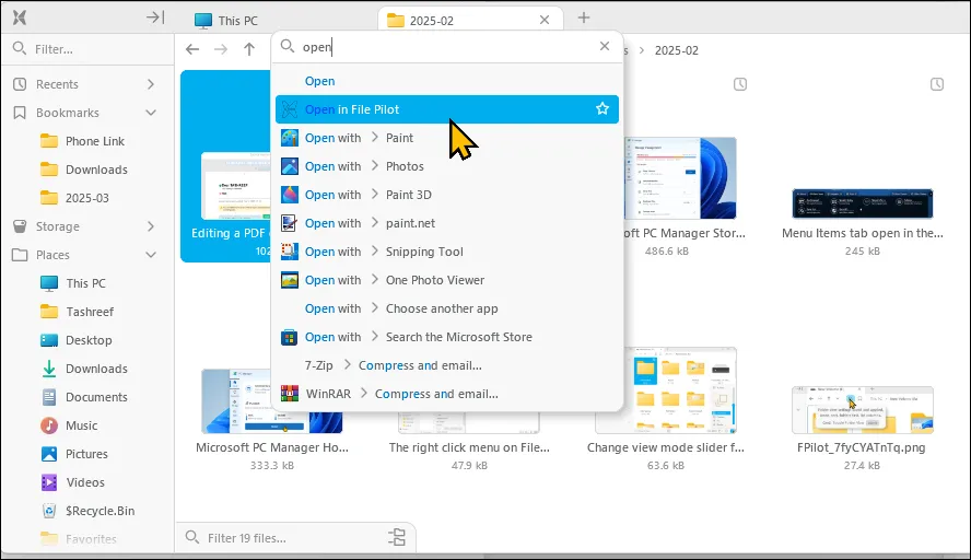 Tính năng tìm kiếm lệnh trên menu chuột phải của File Pilot
