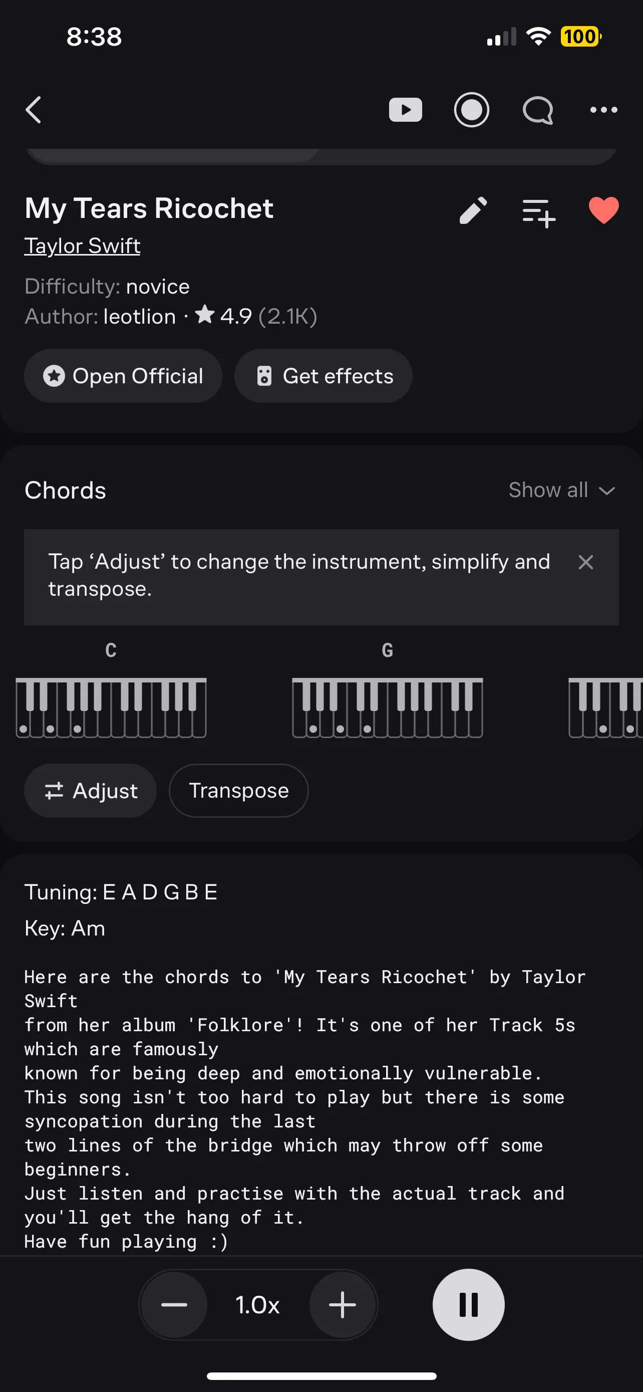 Tính năng tự động cuộn tab trên ứng dụng Ultimate Guitar giúp người dùng luyện tập không gián đoạn