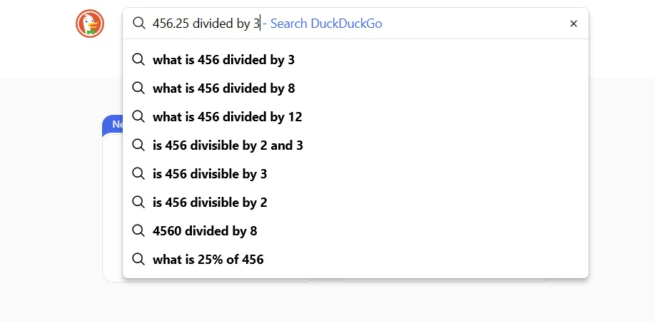 Tính toán phép chia trên DuckDuckGo yêu cầu click vào liên kết website khác