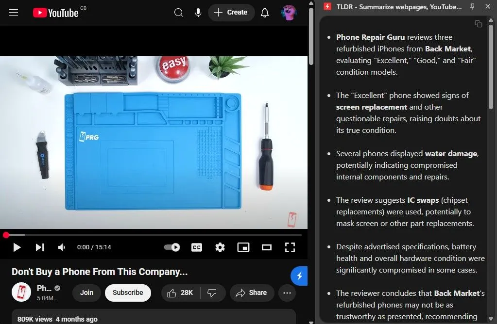 TLDR tóm tắt video YouTube thứ hai, minh họa khả năng tiết kiệm thời gian xem