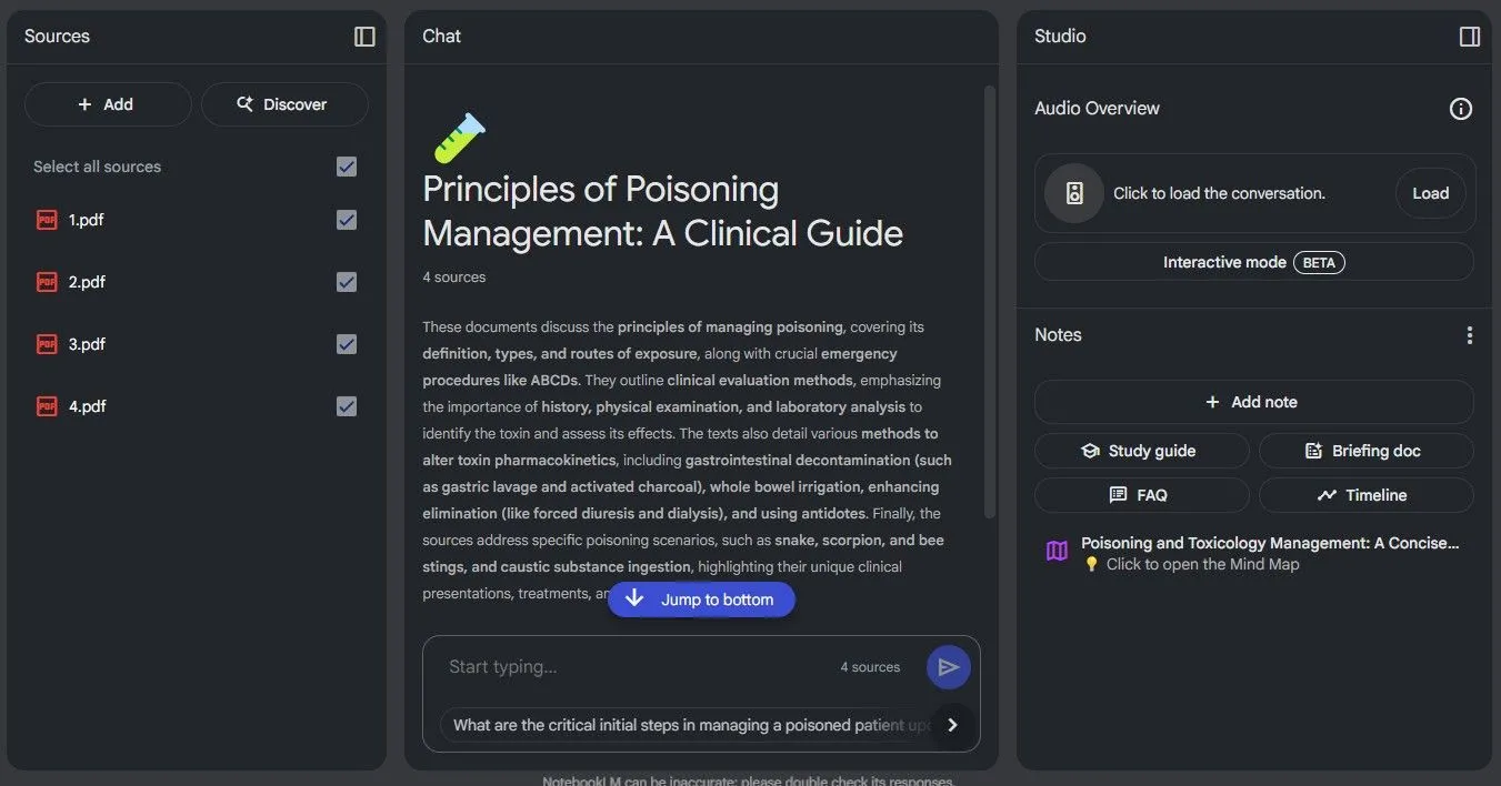 Tổng quan giao diện một sổ ghi chú trong NotebookLM chứa tài liệu học tập đã tải lên