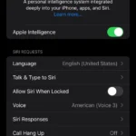 Trang cài đặt Apple Intelligence & Siri trong ứng dụng Cài đặt iOS, hiển thị tùy chọn bật Type to Siri.