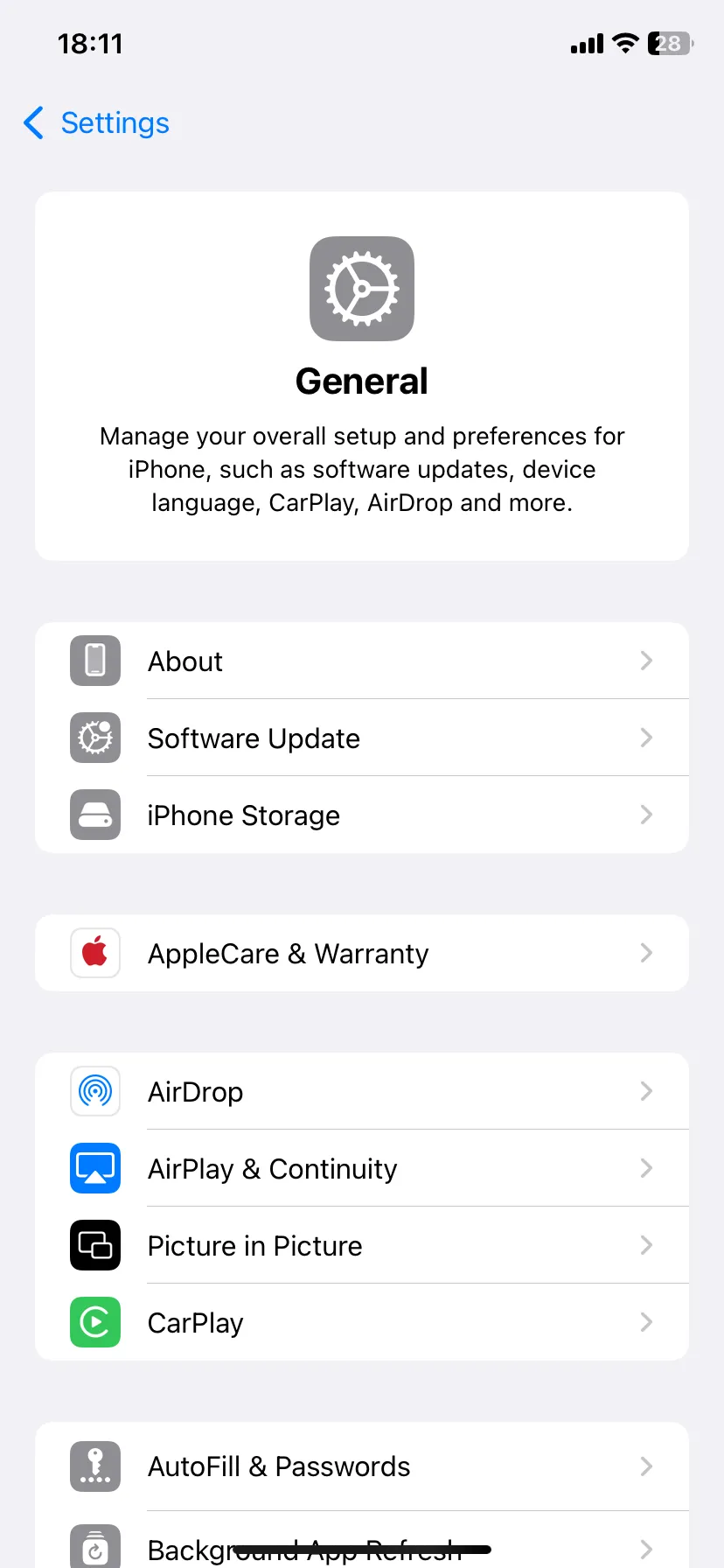 Trang cài đặt chung iPhone trong ứng dụng Cài đặt