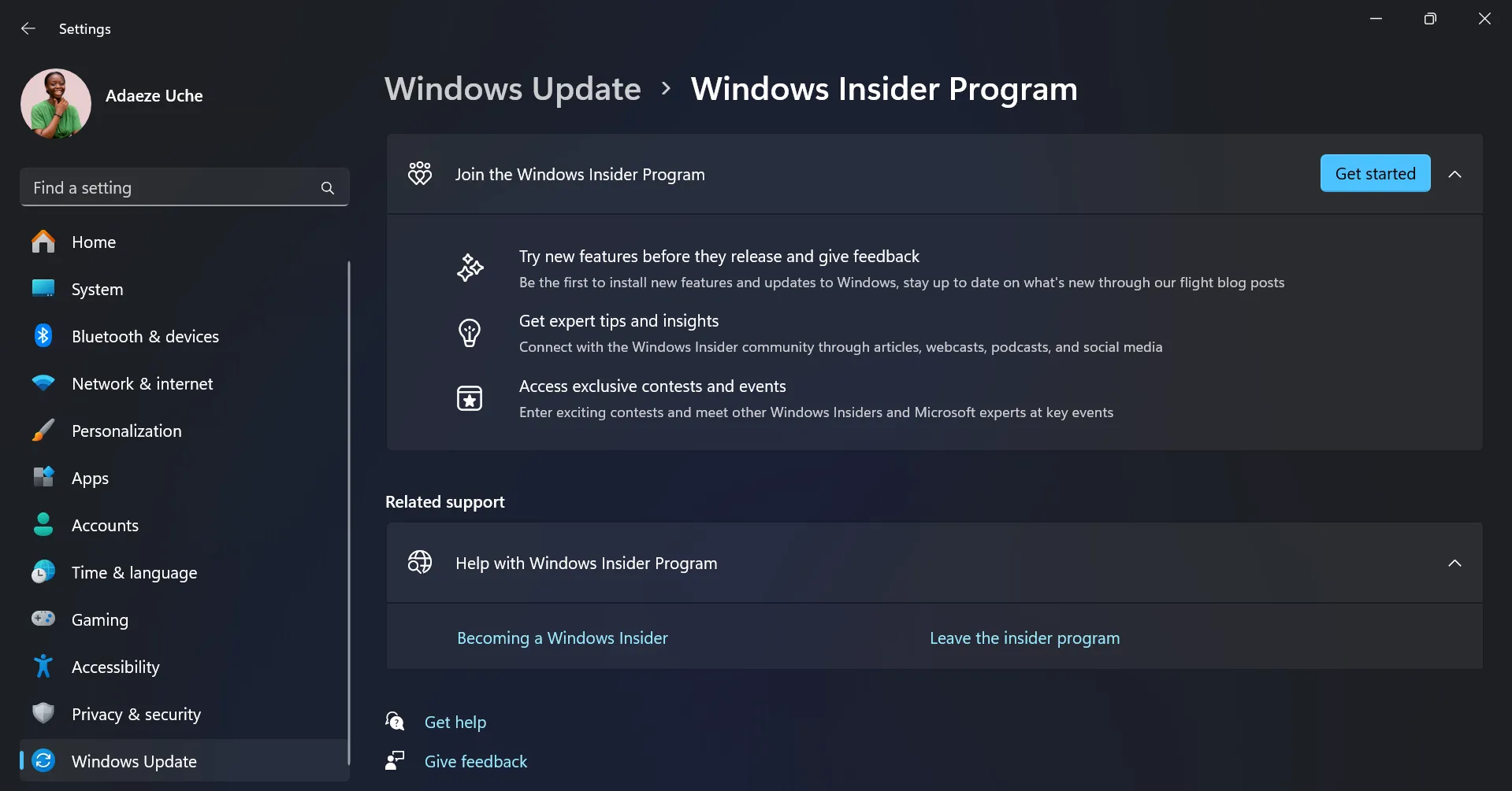 Trang Cài đặt Chương trình Windows Insider trên Windows 11