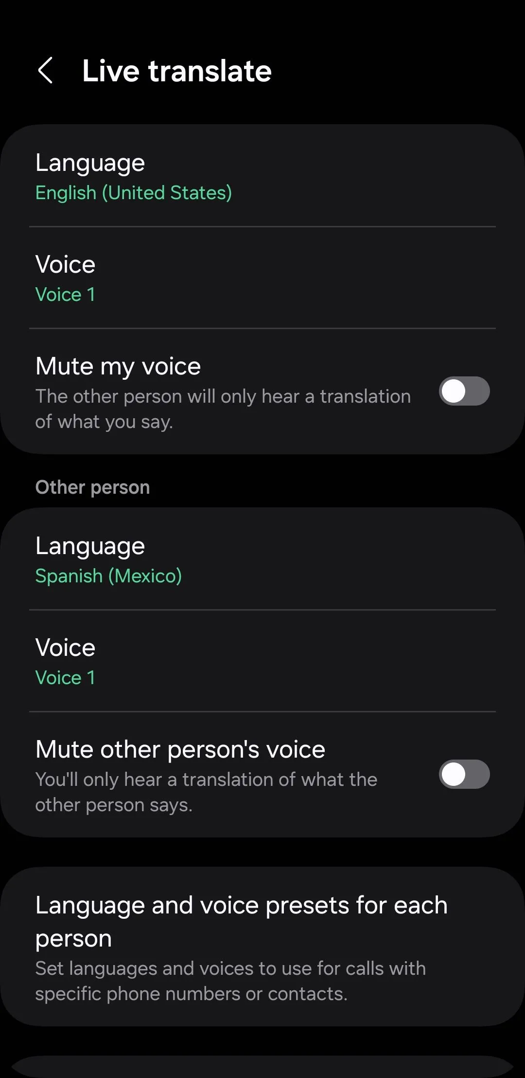 Trang cài đặt Dịch trực tiếp (Live Translate) của Galaxy AI trên điện thoại Samsung