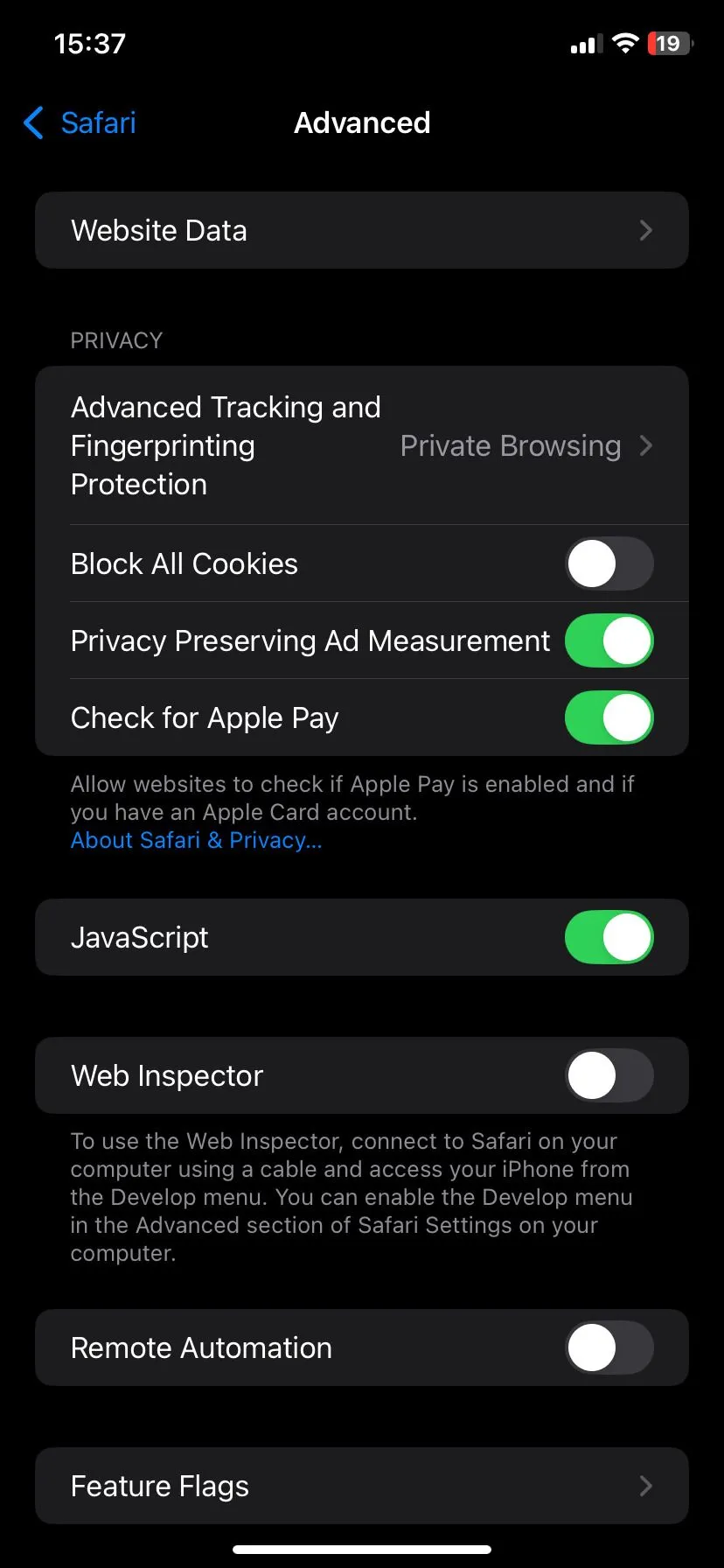 Trang cài đặt nâng cao của Safari trên iPhone, hiển thị tùy chọn &quot;Dữ liệu Trang web&quot; để quản lý chi tiết bộ nhớ cache của từng website.