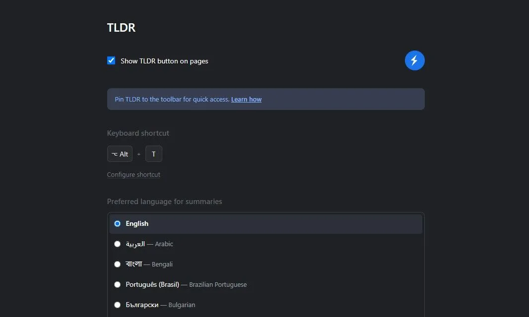 Trang cài đặt tiện ích mở rộng TLDR trên Chrome, tùy chỉnh tóm tắt video và trang web
