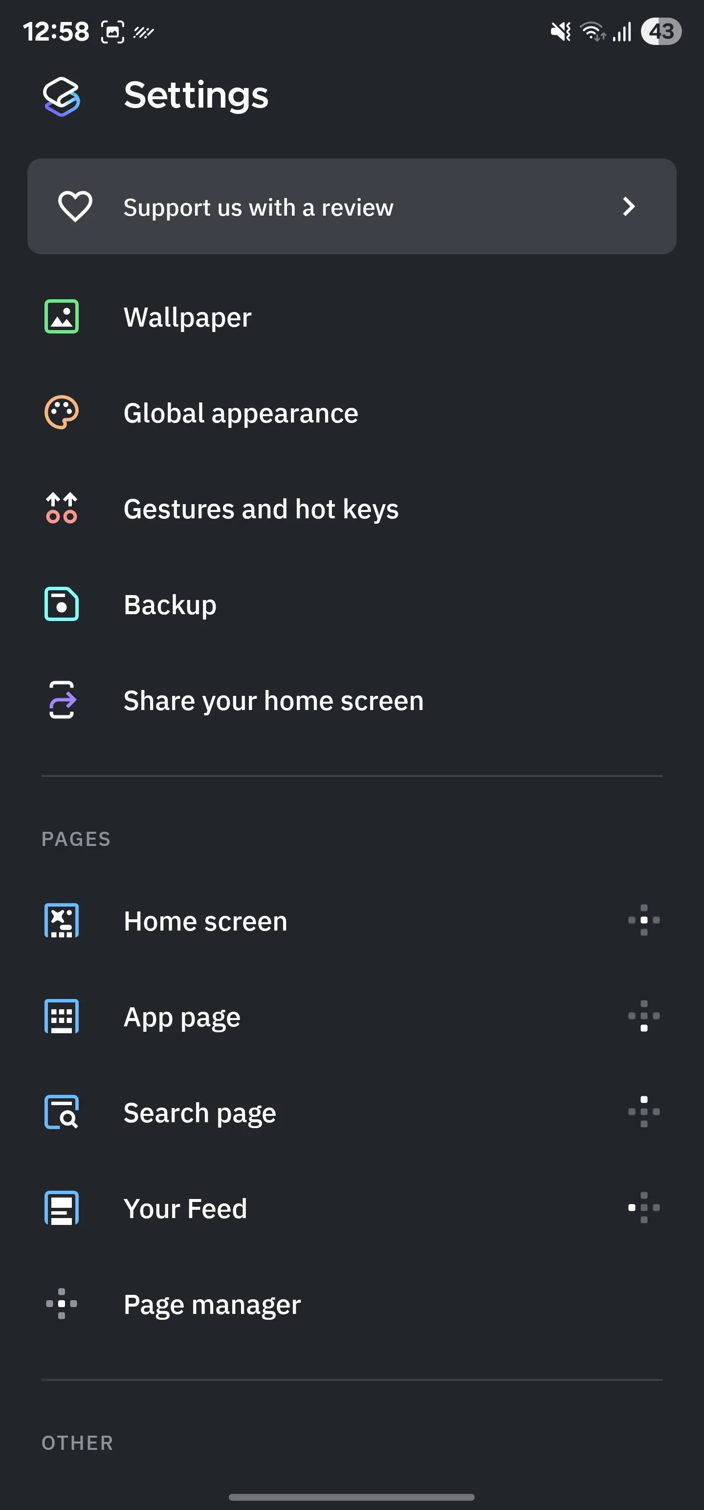 Trang cài đặt tổng quan của Smart Launcher hiển thị các tùy chọn tùy chỉnh.