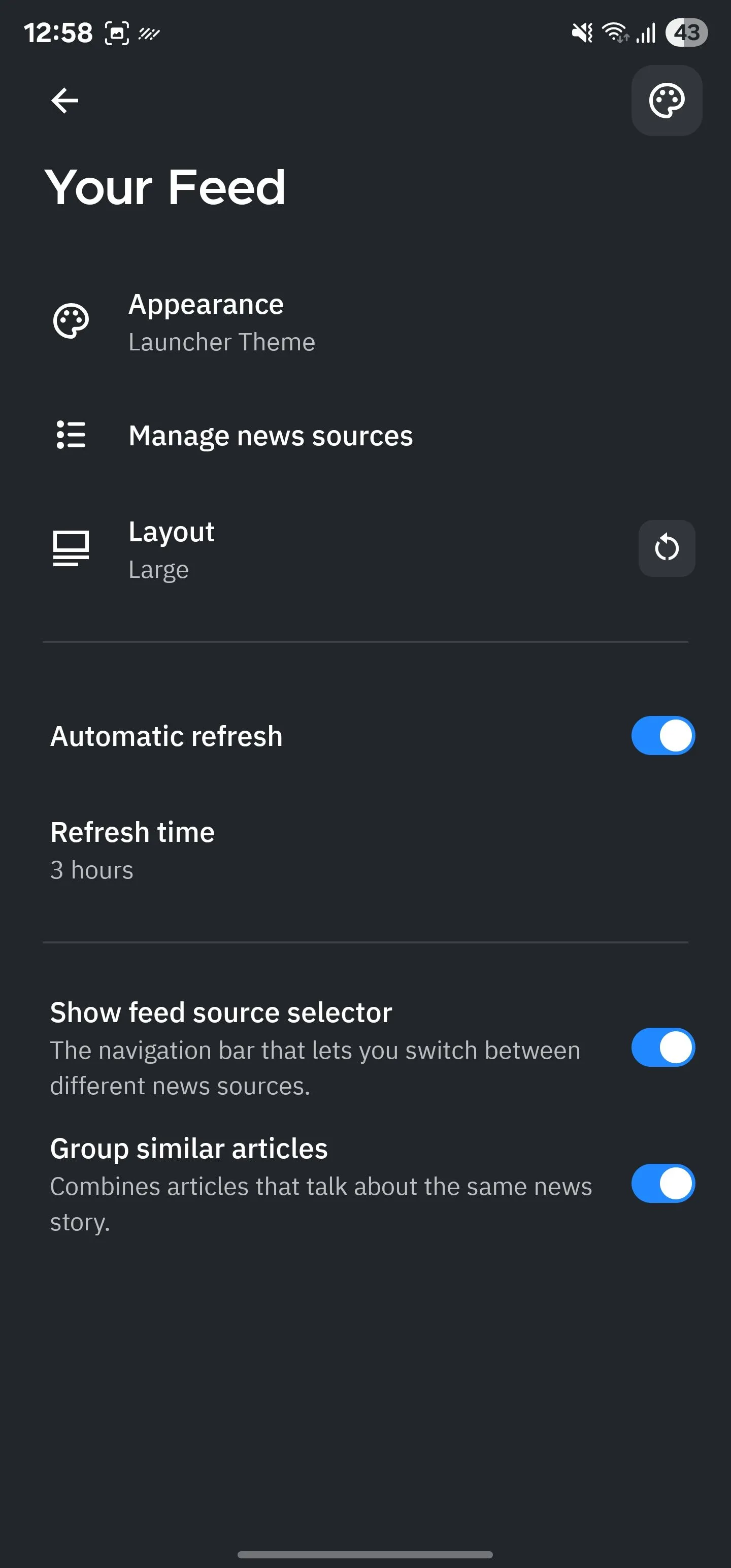 Trang cấu hình &quot;Nguồn cấp dữ liệu của bạn&quot; trong Smart Launcher, cho phép tùy chỉnh nguồn tin.