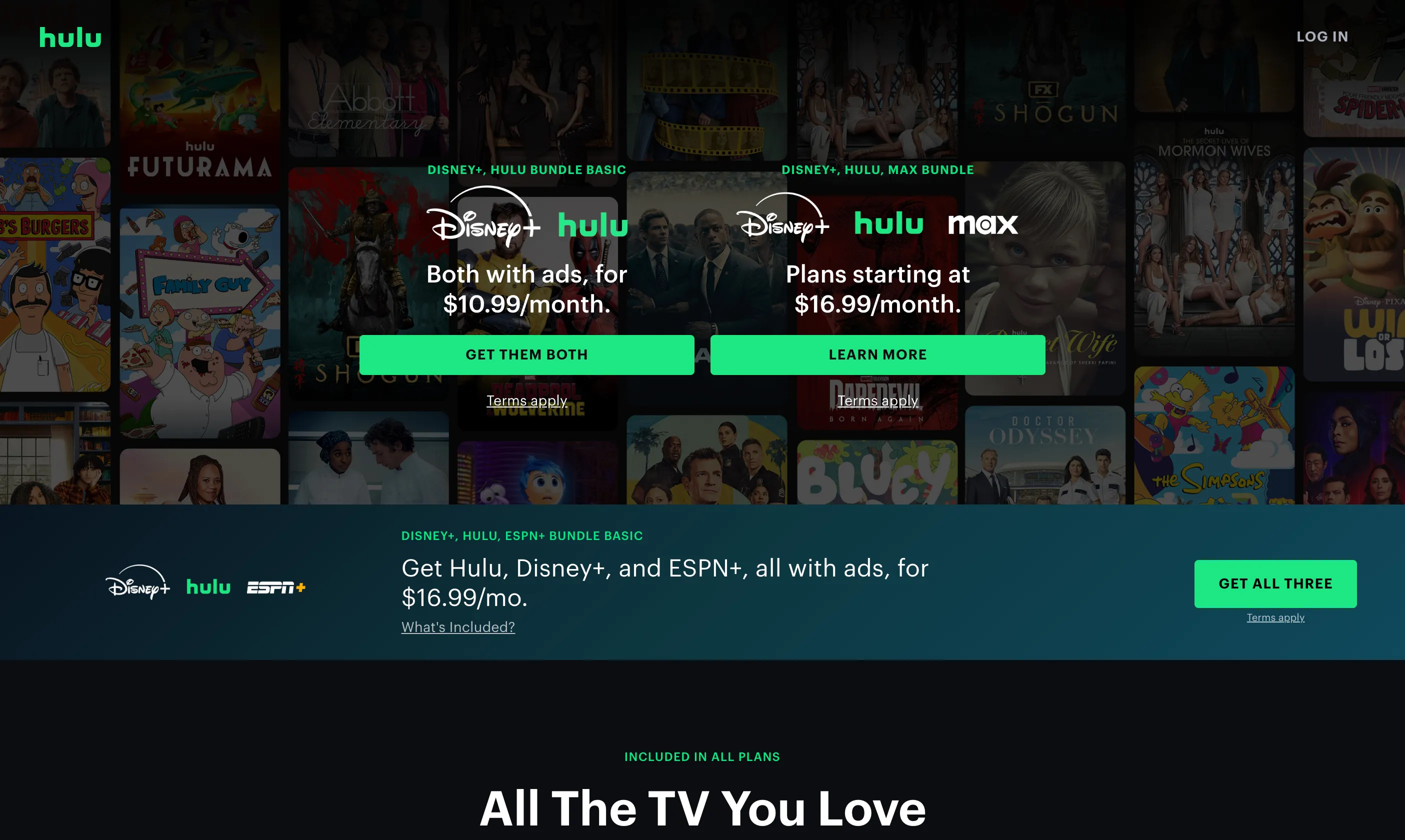 Trang chào mừng dịch vụ streaming Hulu với các chương trình truyền hình và phim ảnh phổ biến.