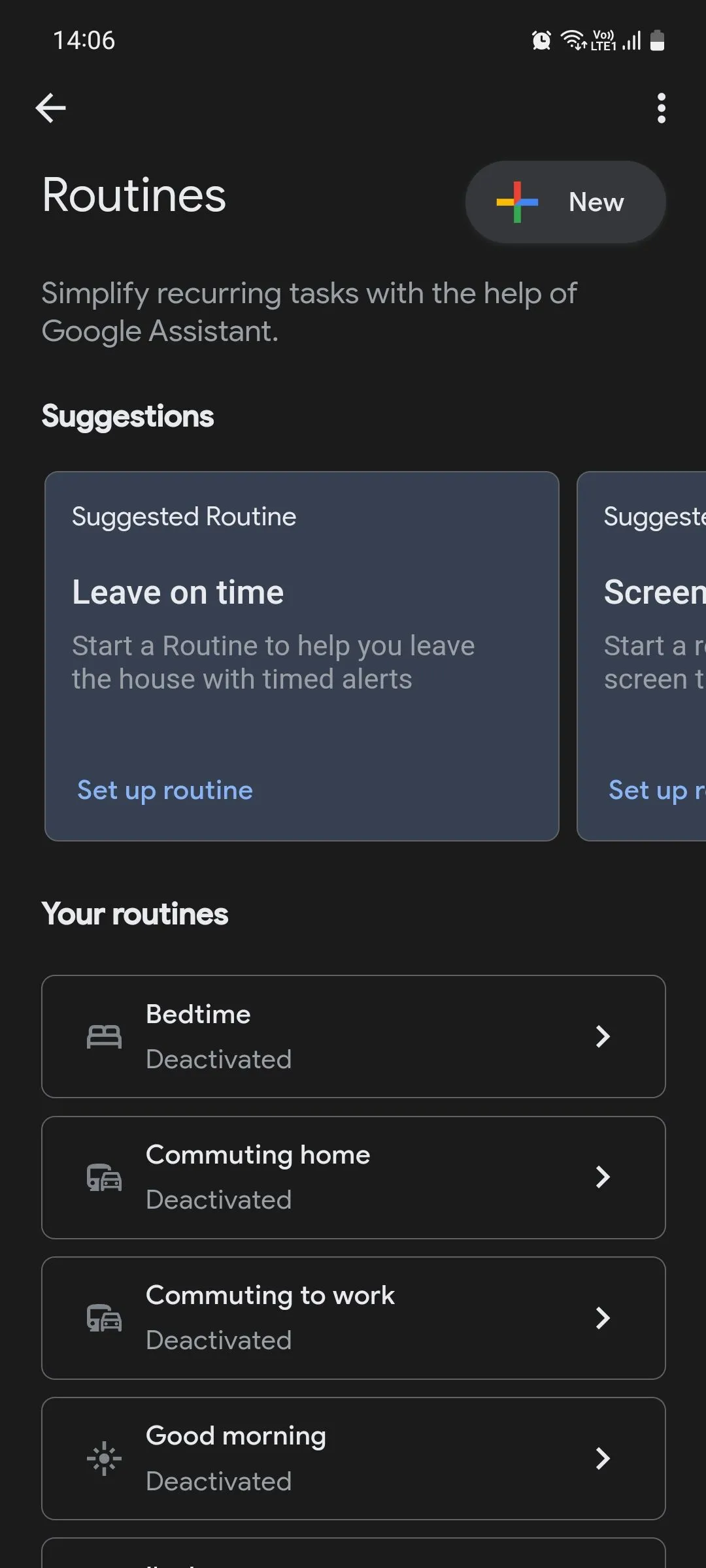Trang chính của Google Assistant Routines hiển thị các tùy chọn tự động hóa