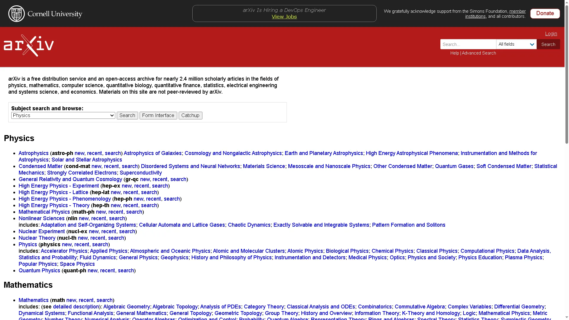 Trang chủ arXiv, kho lưu trữ tài liệu học thuật trực tuyến của Cornell University