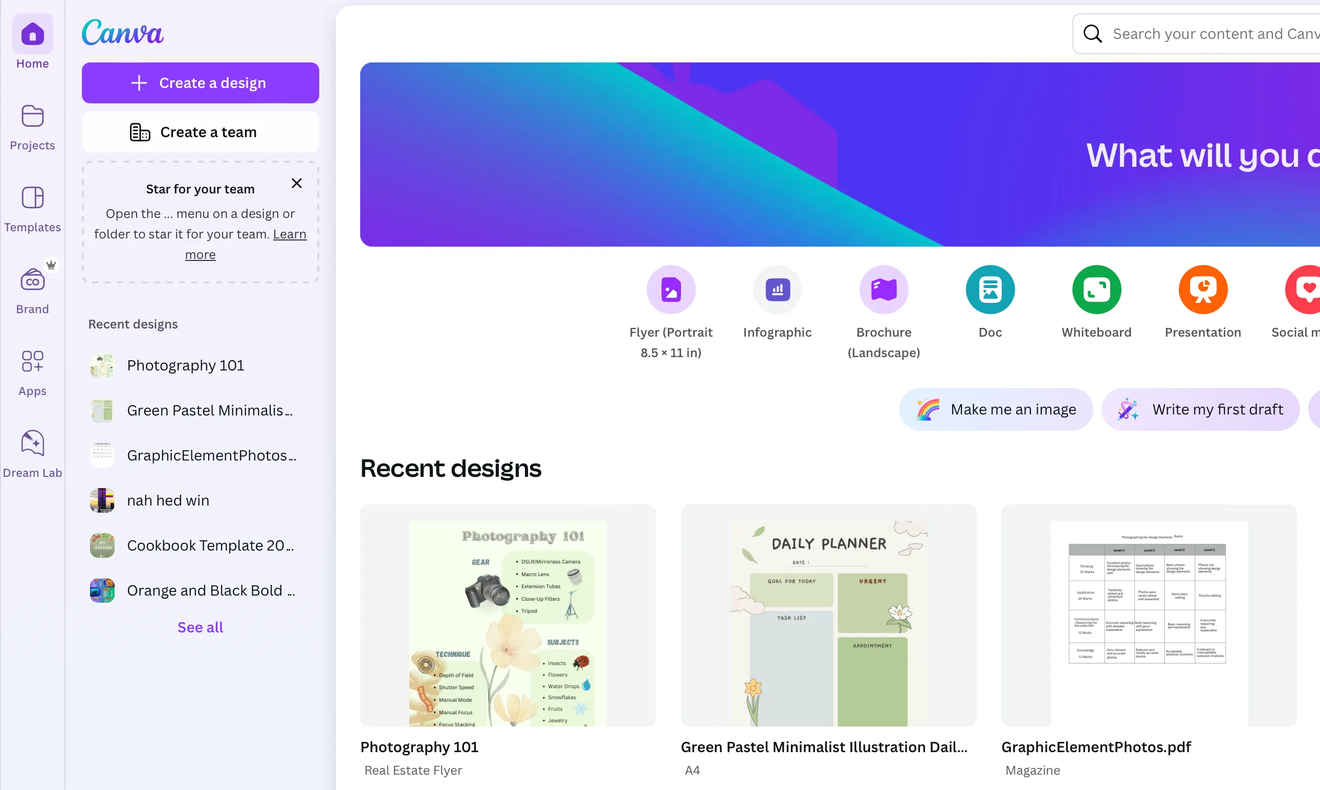 Trang chủ Canva với giao diện thân thiện và các mẫu thiết kế đa dạng