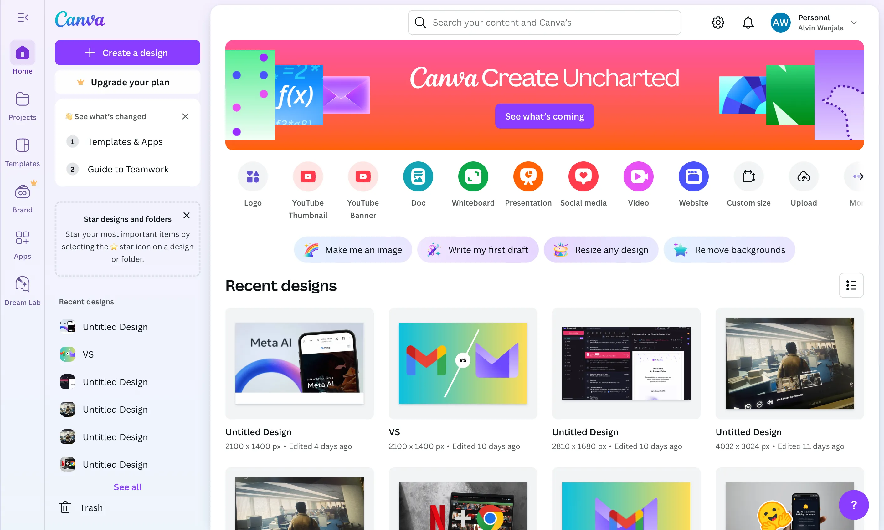 Trang chủ Canva với giao diện thân thiện và các tùy chọn thiết kế đa dạng
