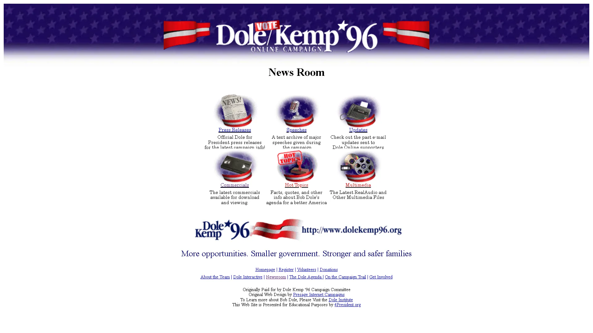 Trang chủ chiến dịch tranh cử tổng thống Dole và Kemp năm 1996 trên Internet