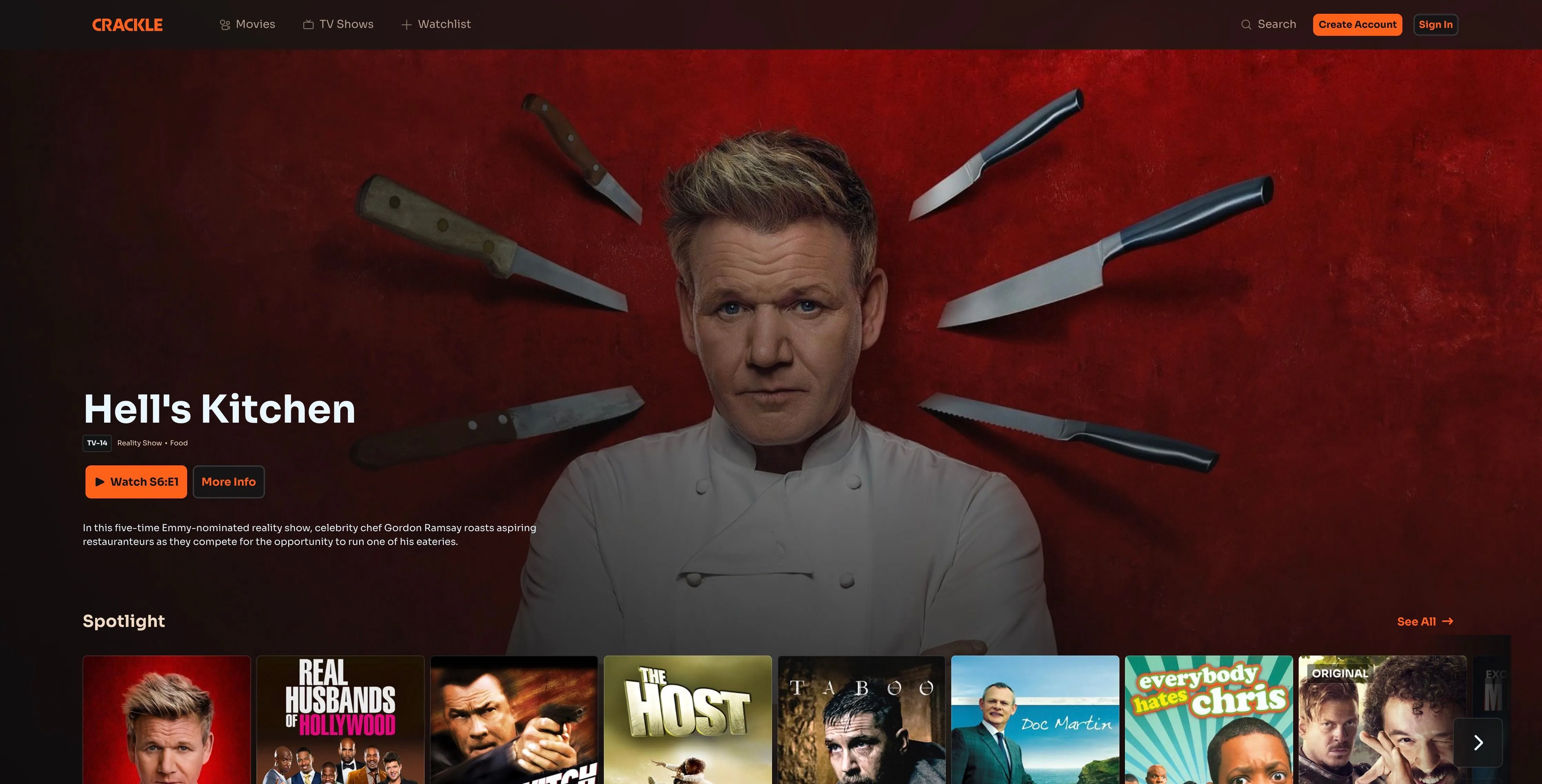 Trang chủ Crackle với quảng cáo chương trình Hell's Kitchen, minh họa dịch vụ xem phim miễn phí
