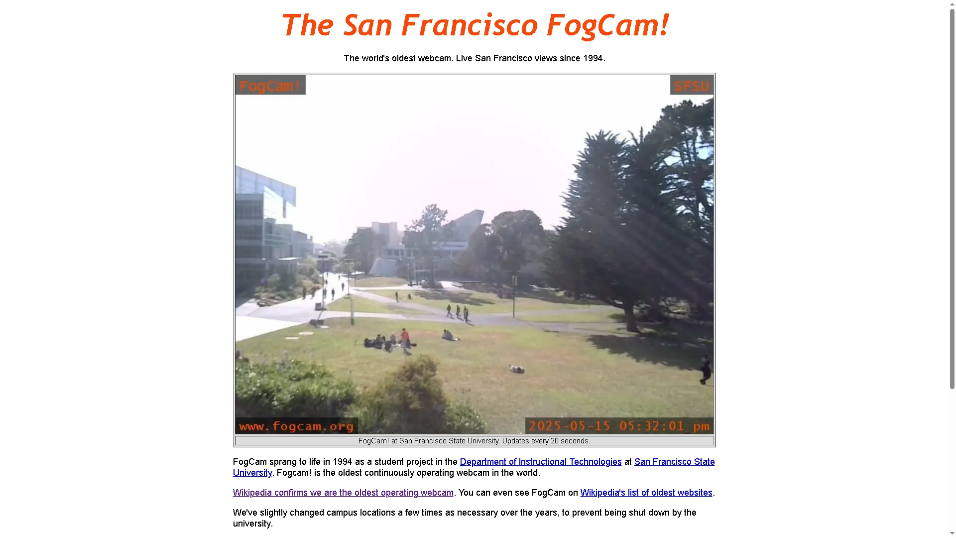 Trang chủ của San Francisco FogCam, webcam lâu đời ghi hình thành phố