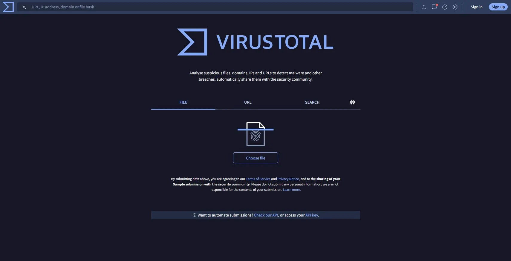 Trang chủ của website VirusTotal, hiển thị các tùy chọn để tải lên file hoặc URL