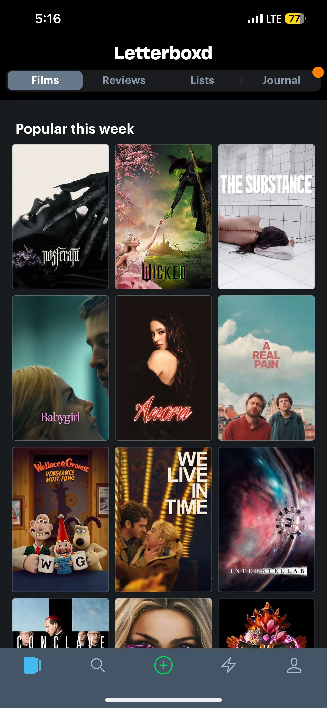 Trang chủ Letterboxd với danh sách phim thịnh hành trong tuần