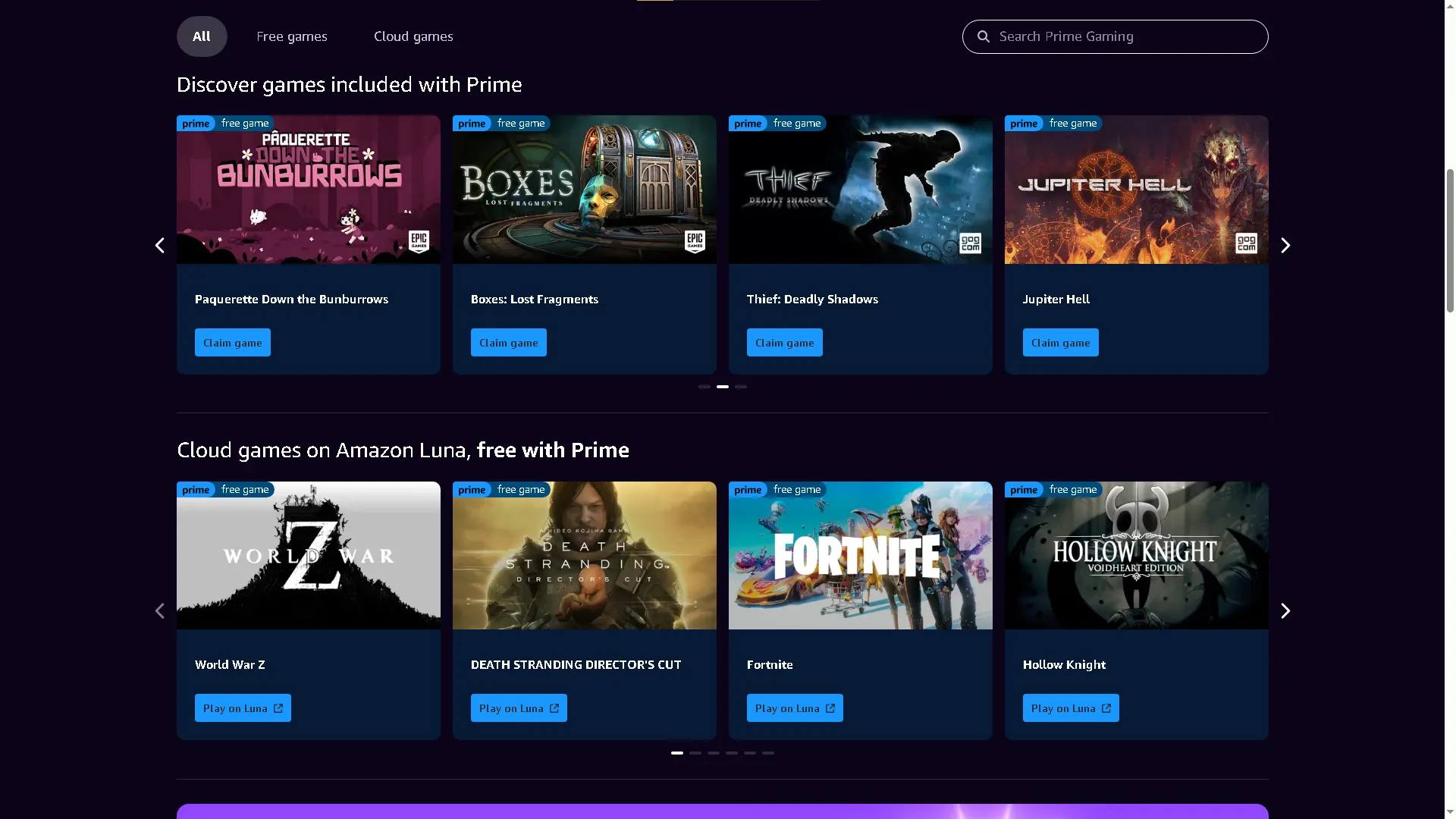 Trang chủ Prime Gaming hiển thị các tựa game và nội dung trong game miễn phí, là một đặc quyền của thành viên Amazon Prime.