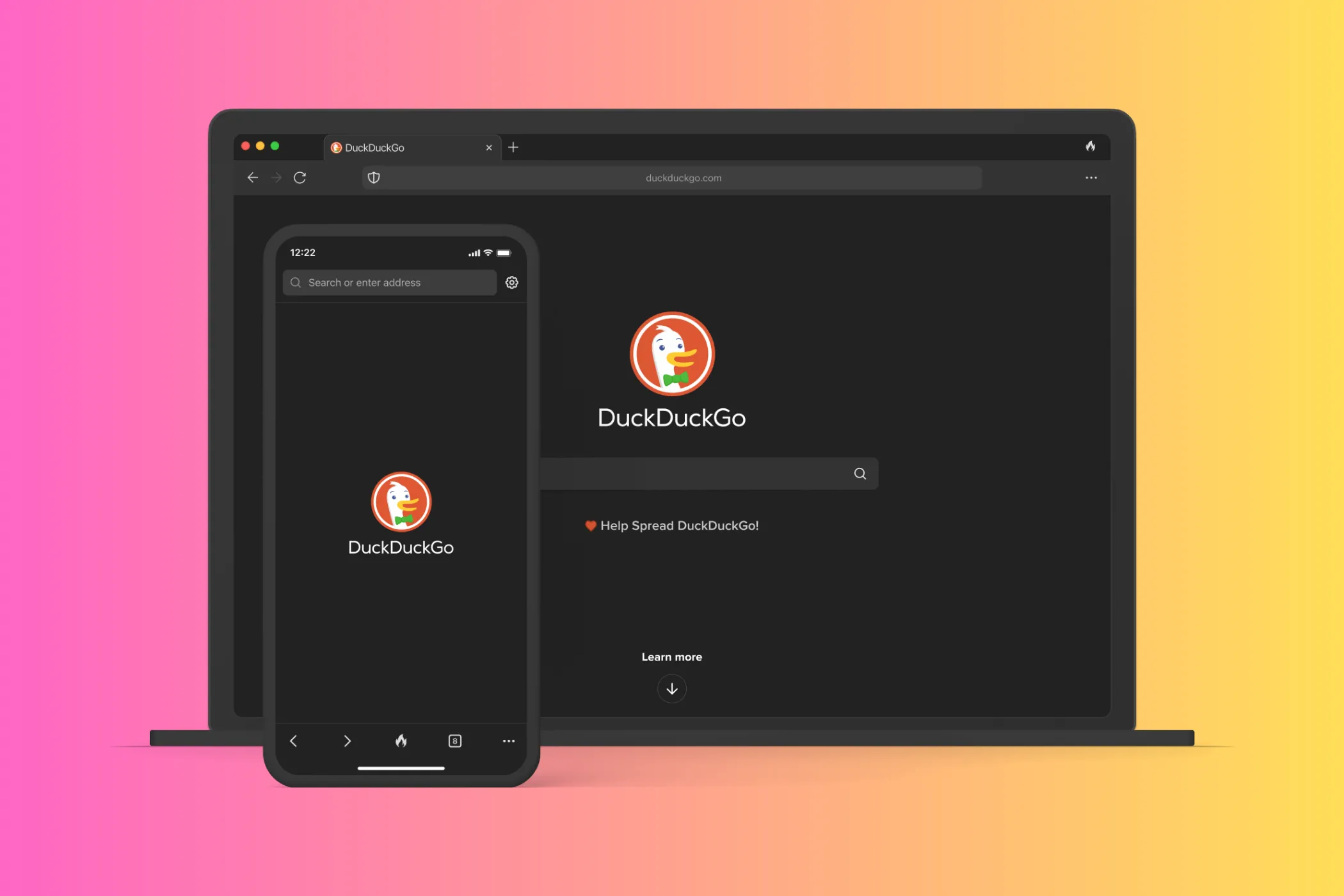 Trang chủ trình duyệt DuckDuckGo trên mô hình laptop và thiết bị di động