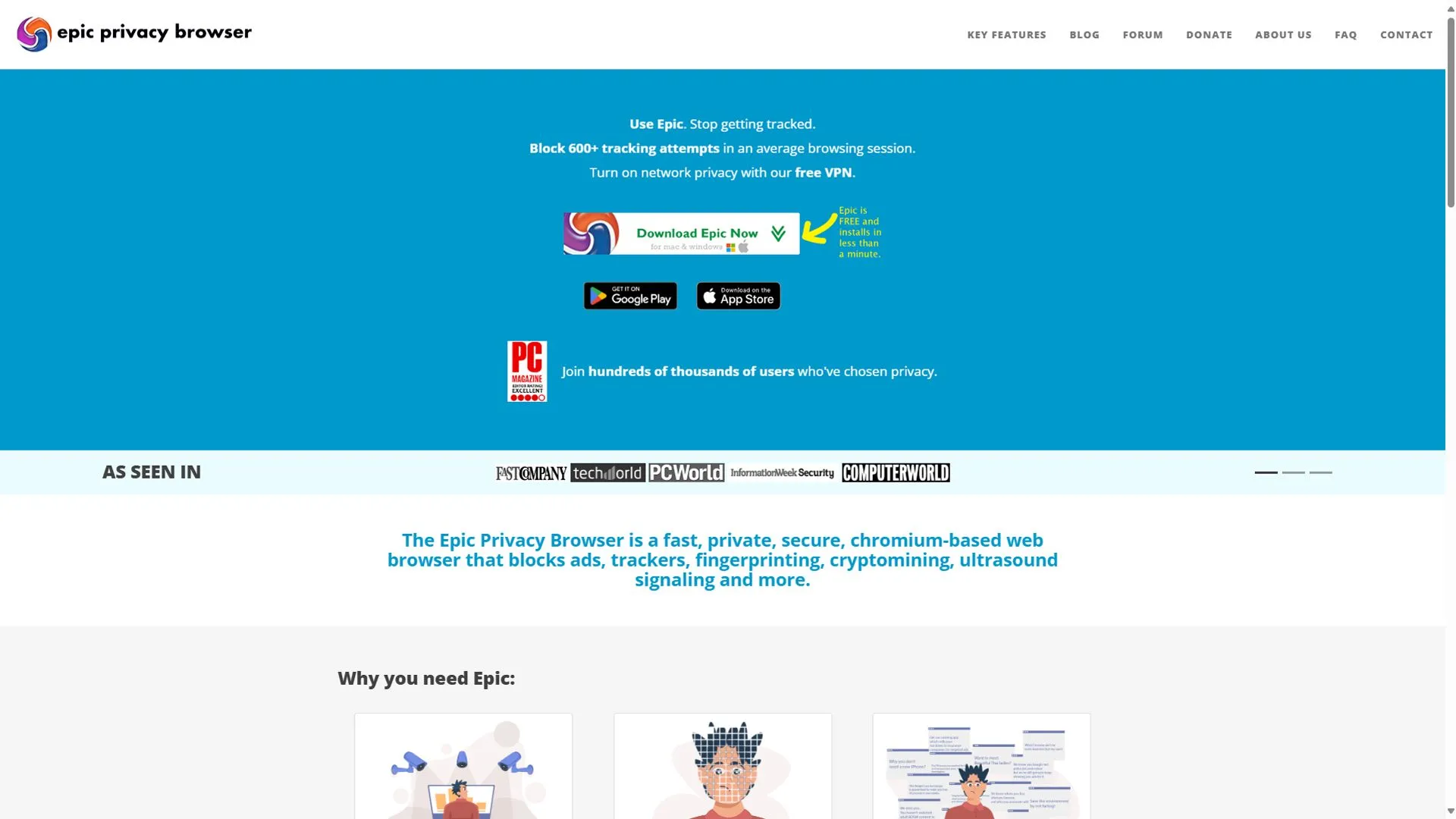 Trang chủ trình duyệt Epic Privacy Browser hiển thị giao diện tối giản và tập trung bảo mật