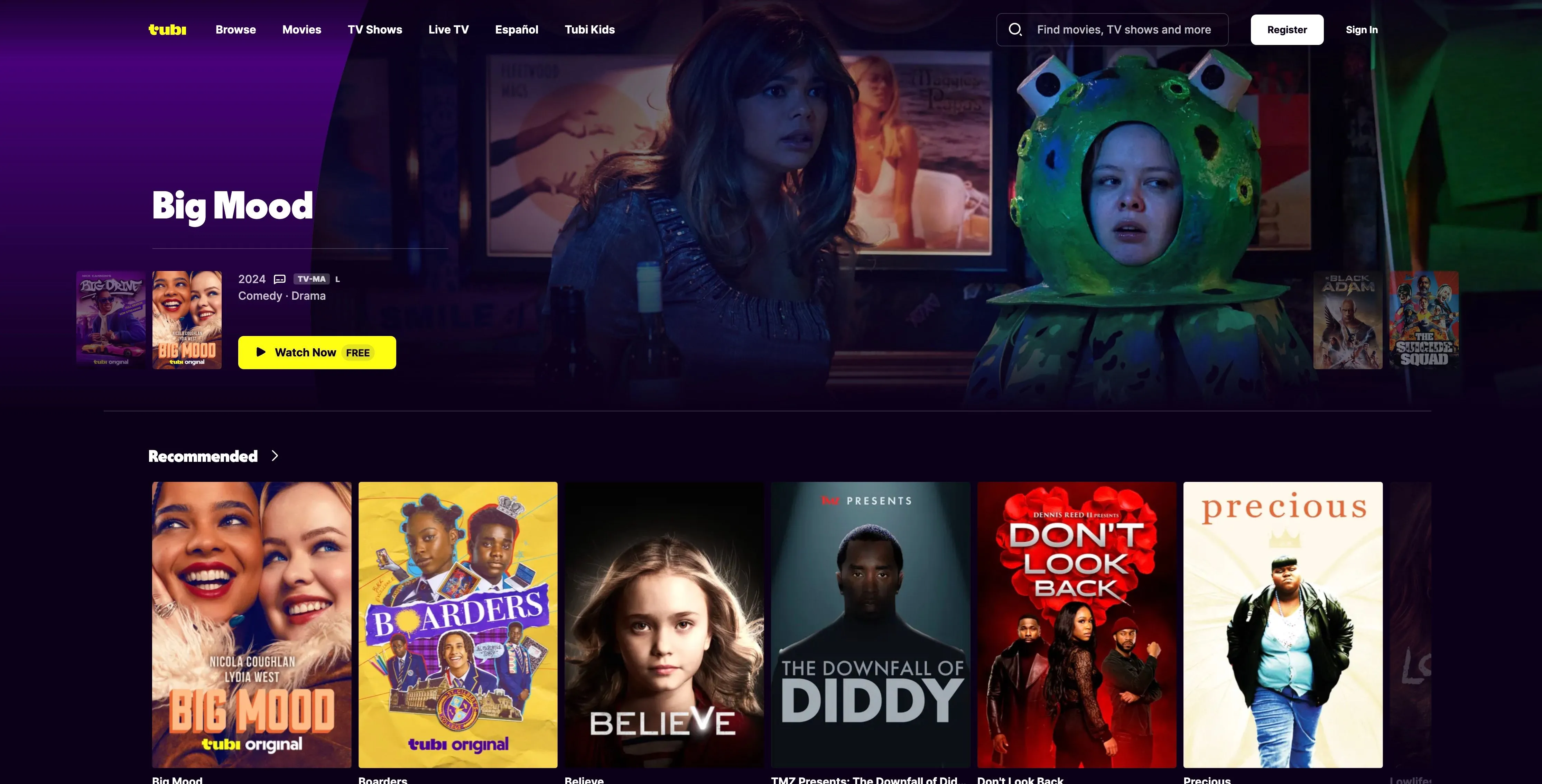 Trang chủ Tubi TV hiển thị quảng cáo phim Big Mood và danh sách nội dung đề xuất, một lựa chọn web xem phim miễn phí