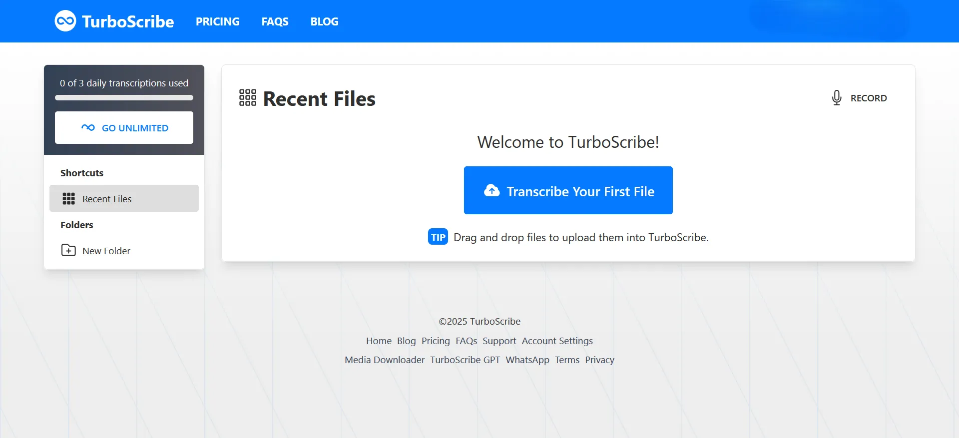 Trang chủ TurboScribe, một công cụ chuyển giọng nói thành văn bản AI hỗ trợ đa ngôn ngữ.