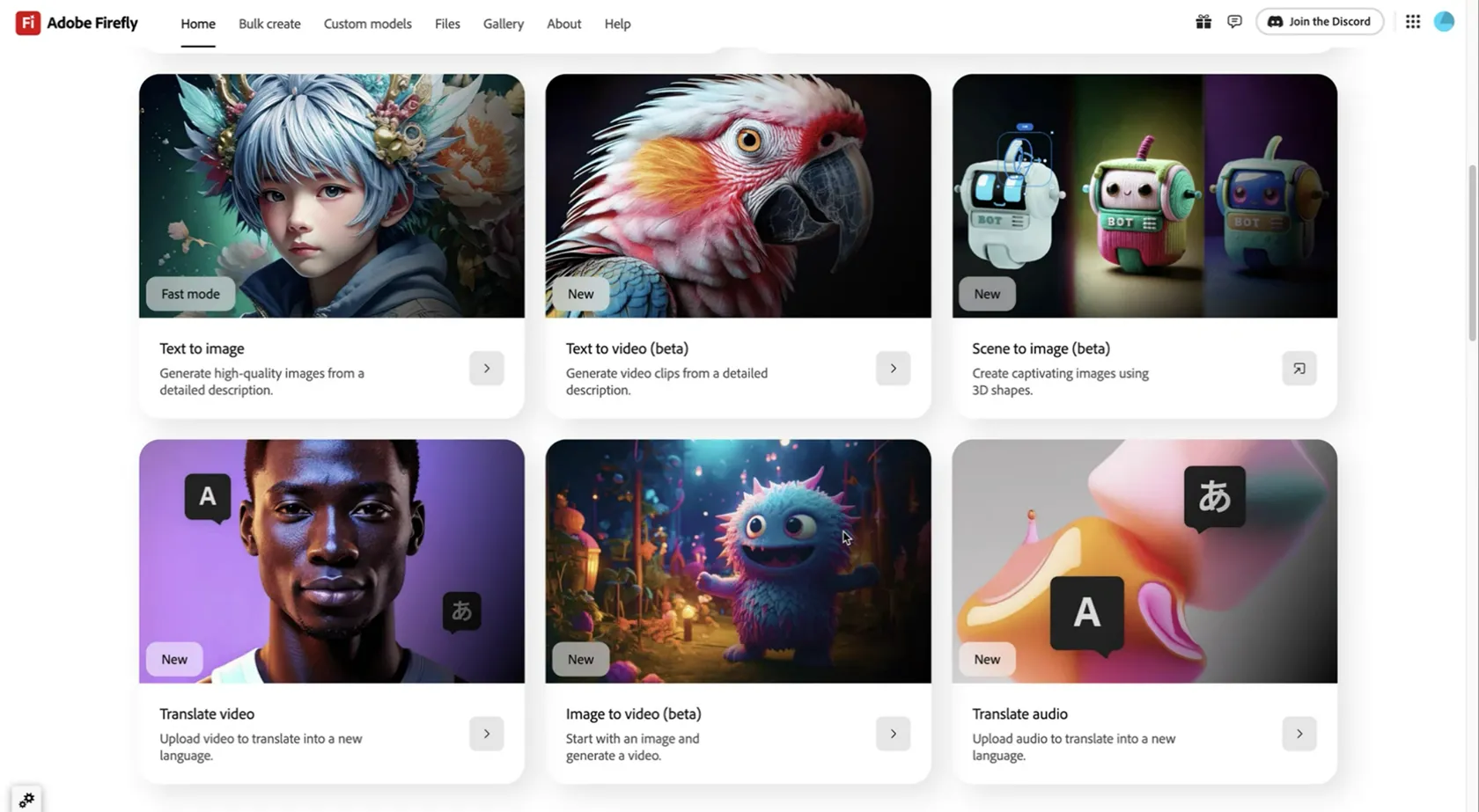 Trang chủ ứng dụng web Adobe Firefly với các công cụ AI khác nhau như tạo video, dịch video