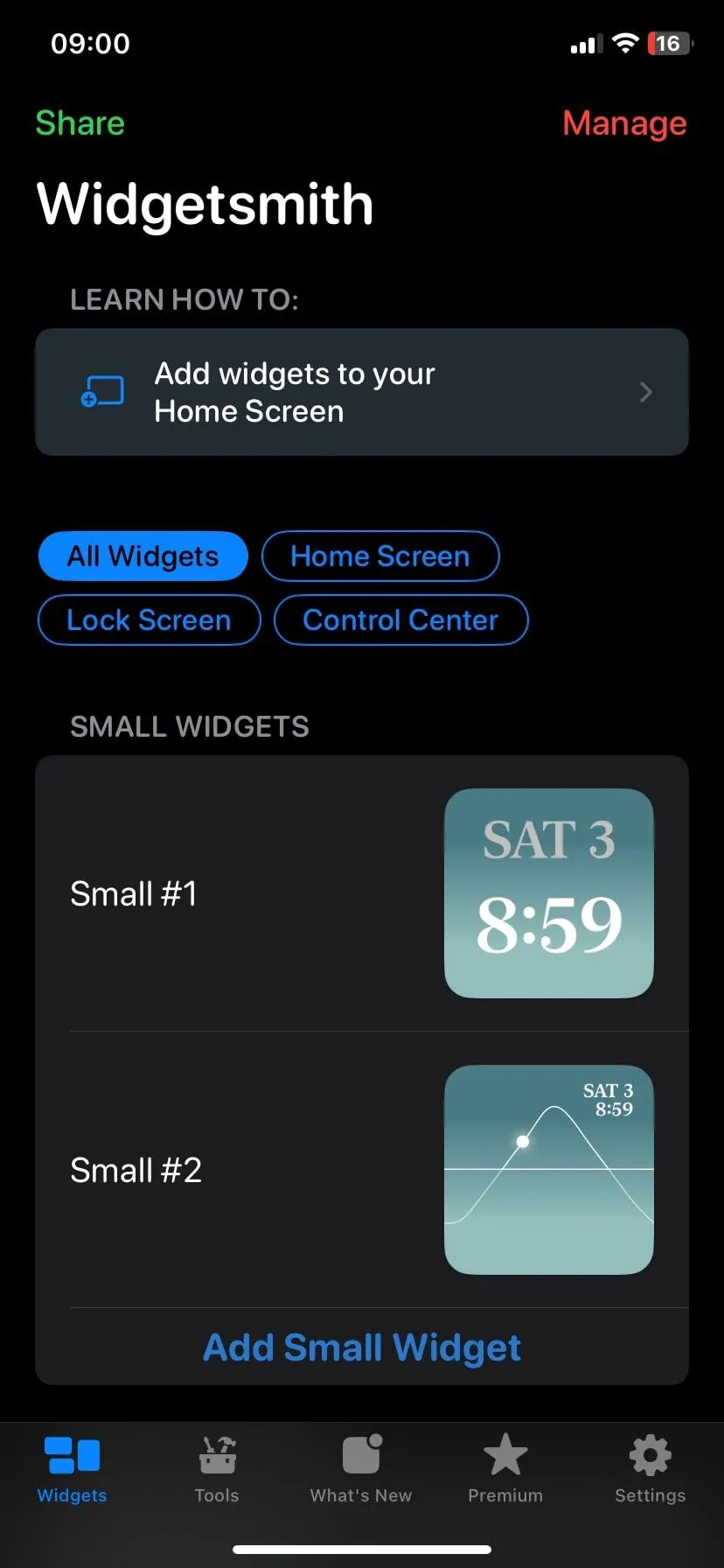 Trang chủ ứng dụng Widgetsmith cho phép tạo và quản lý các widget tùy chỉnh